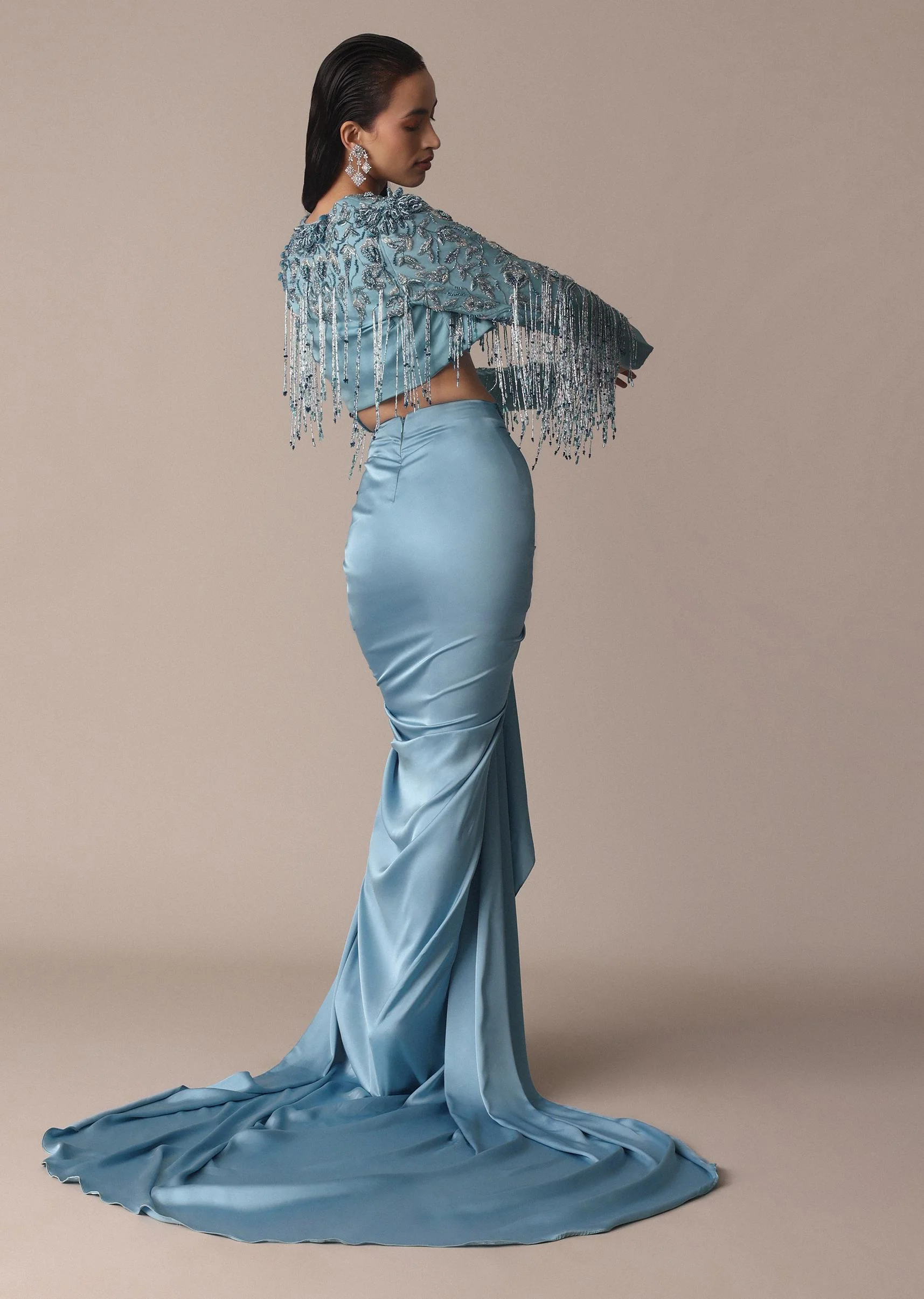 Blue Fish Cut Gathered Zardosi Draped Skirt And Tassel Jacket Set - Image 6