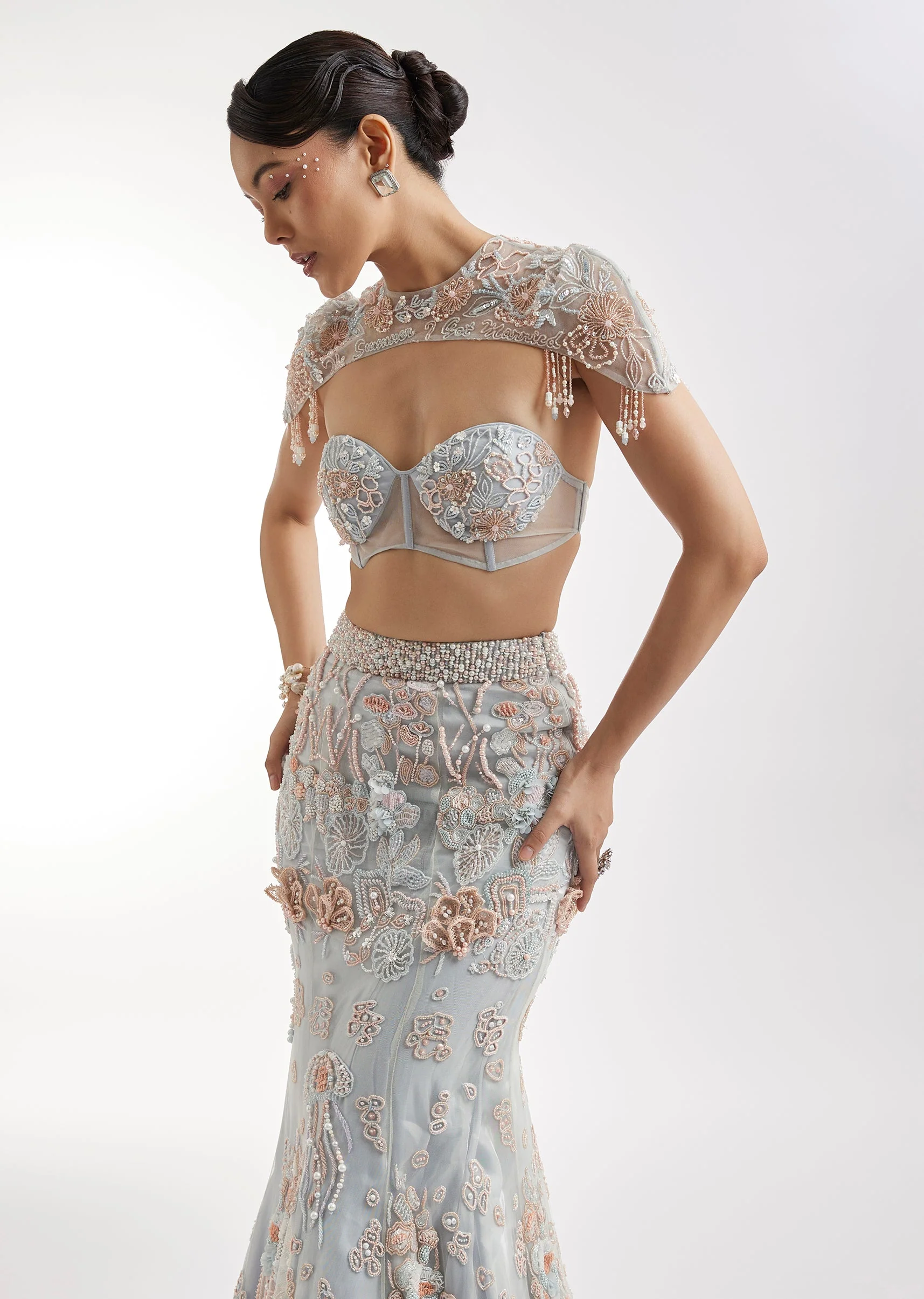 Blue Fish Cut Lehenga Set With Embellished Cape - Image 5