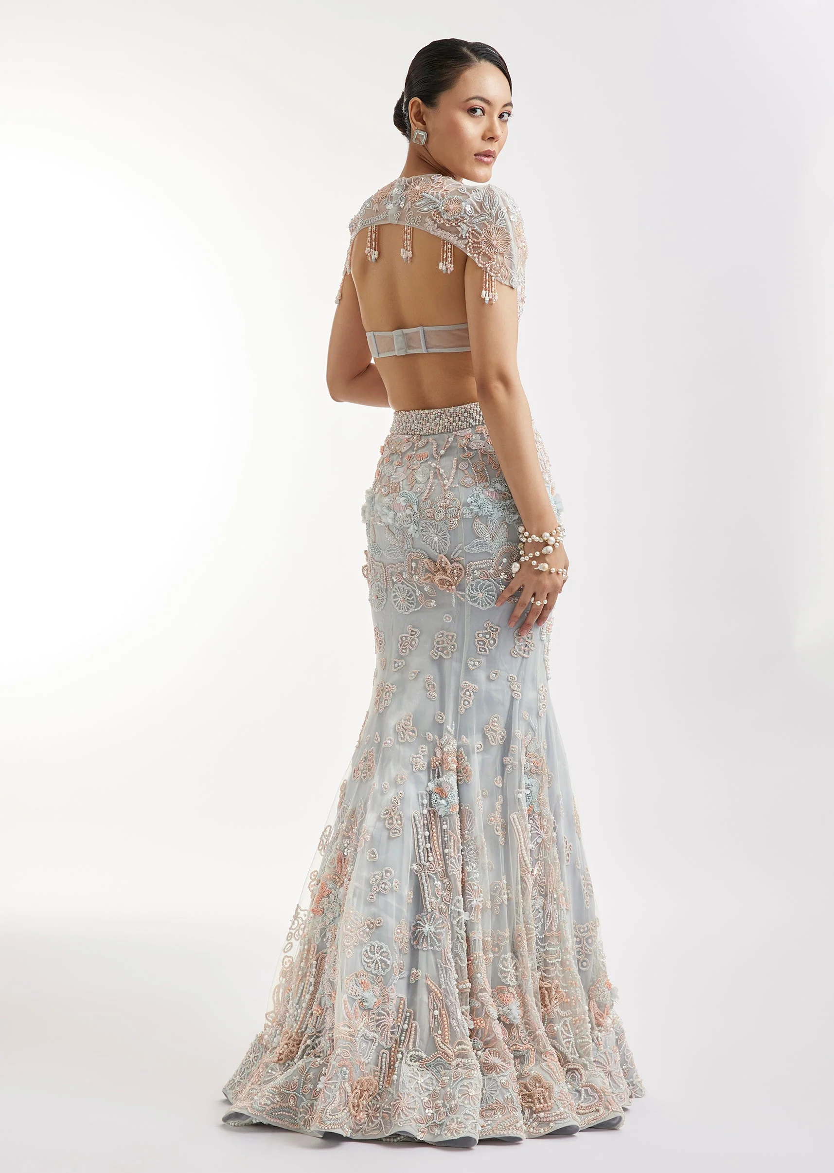 Blue Fish Cut Lehenga Set With Embellished Cape - Image 6