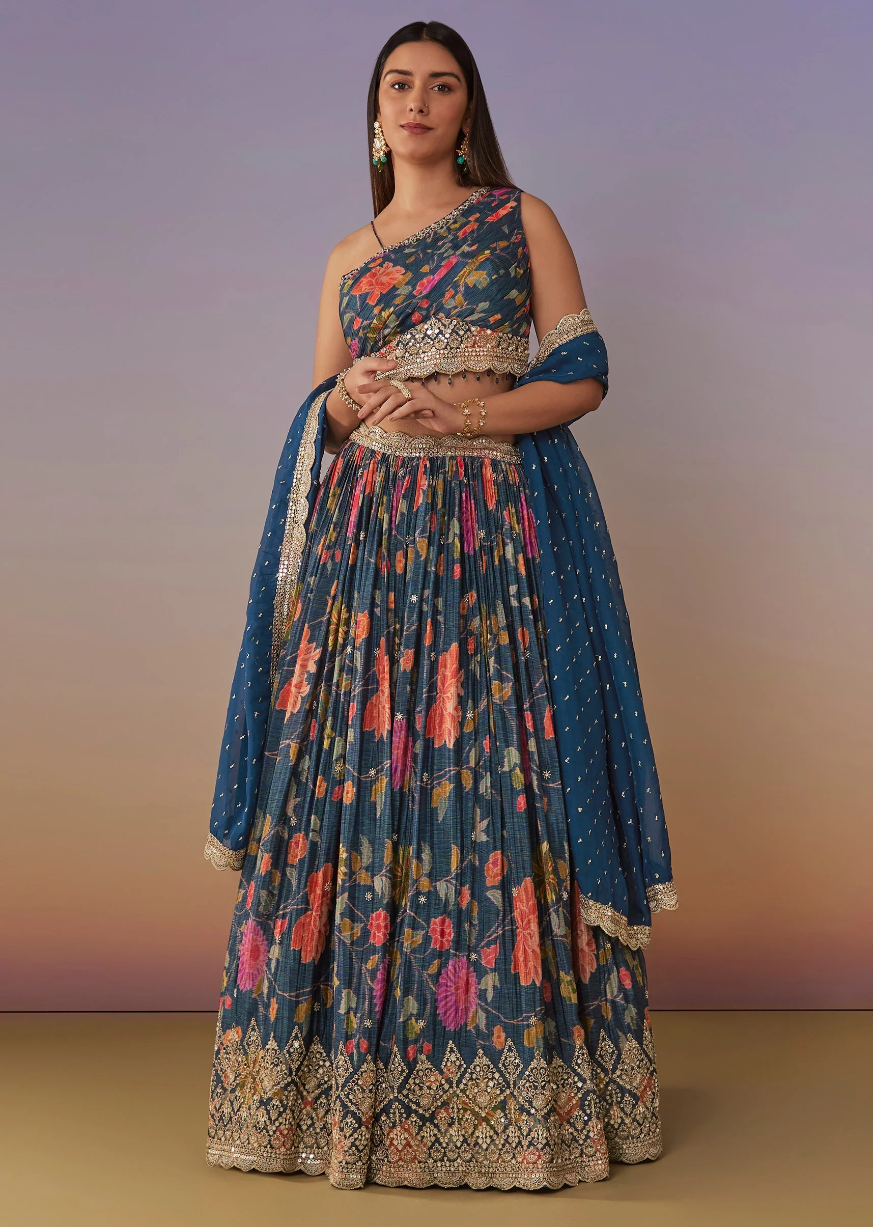 Blue Floral One Shoulder Lehenga Set With Sequin Detailing - Image 4