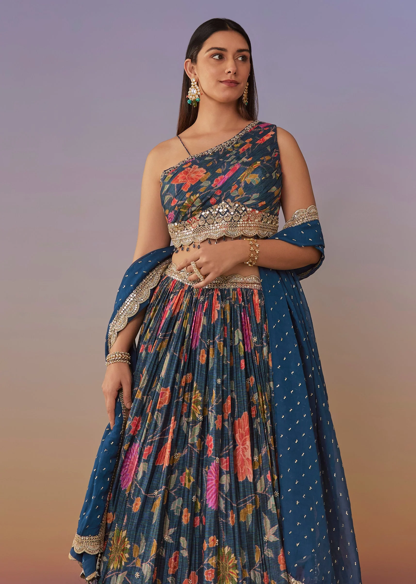 Blue Floral One Shoulder Lehenga Set With Sequin Detailing - Image 5