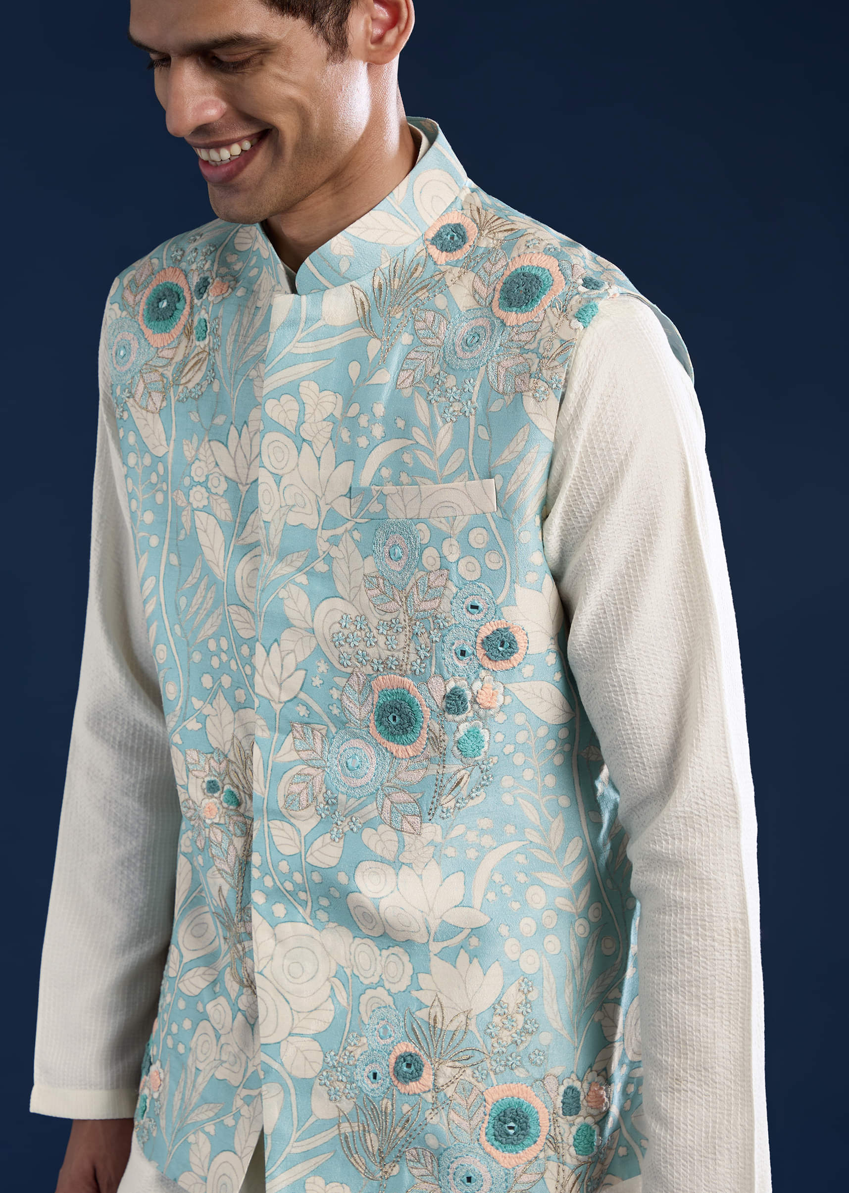 Blue Floral Print Silk Jacket Kurta Set - Image 2