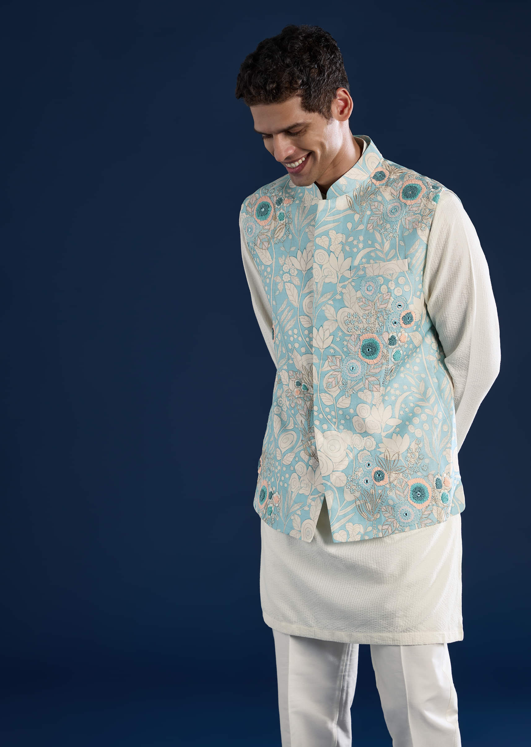 Blue Floral Print Silk Jacket Kurta Set - Image 4