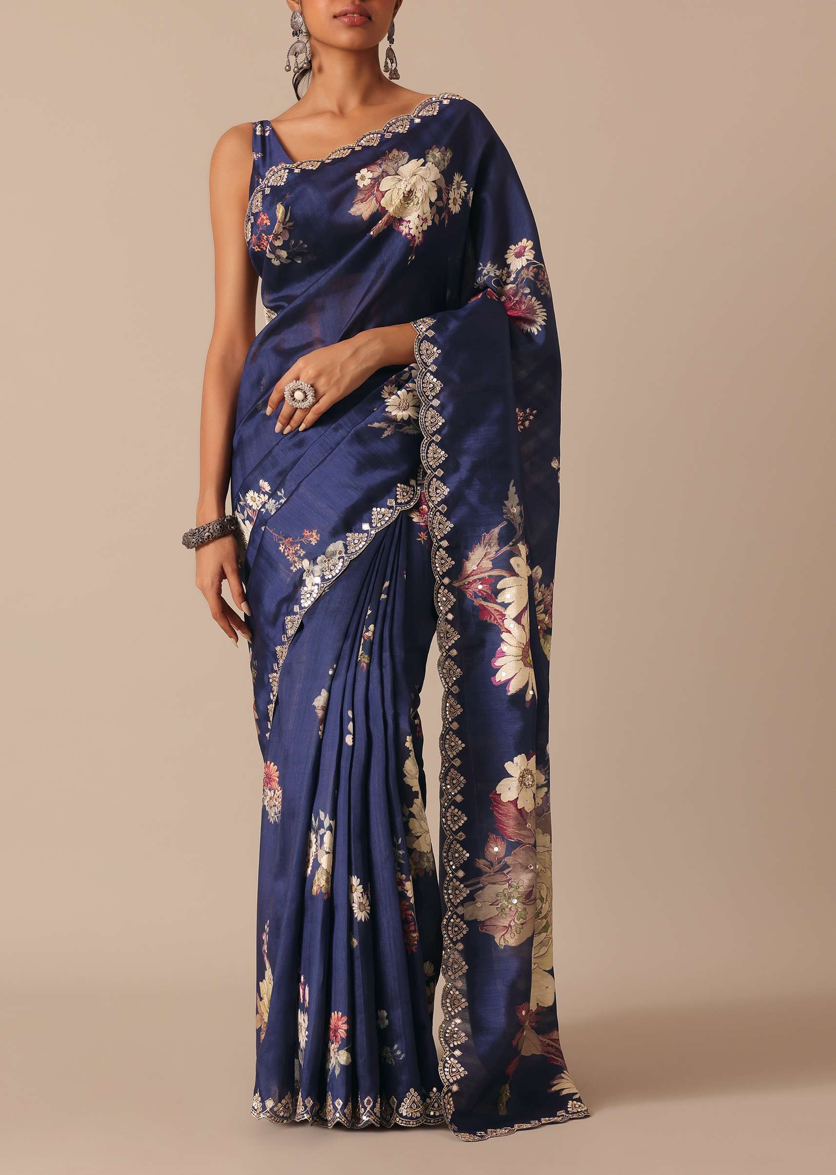 Blue Floral Print Tussar Silk Saree With Unstitched Blouse Piece - Image 3
