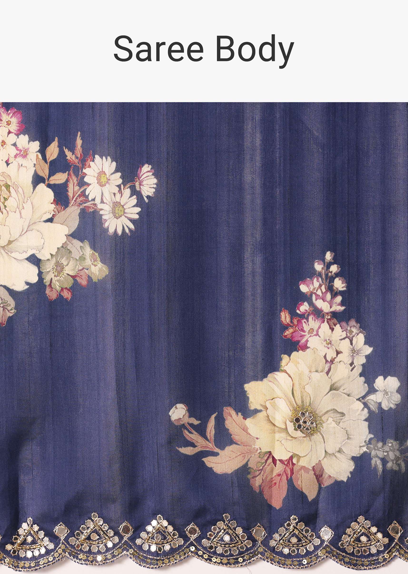 Blue Floral Print Tussar Silk Saree With Unstitched Blouse Piece - Image 9