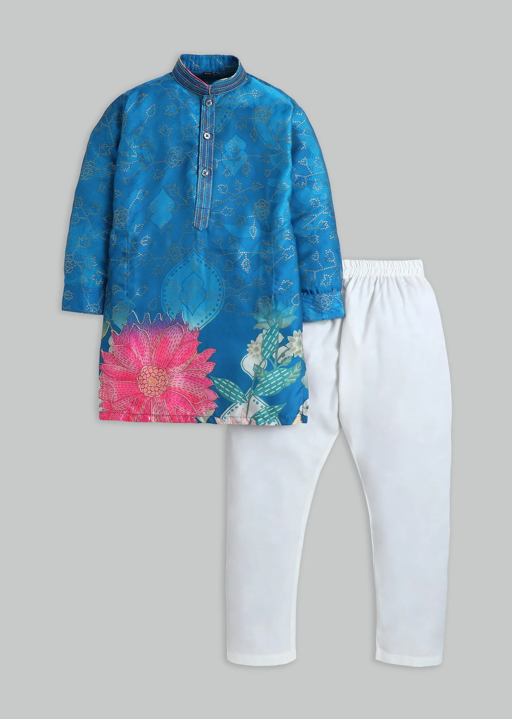 Blue Floral Printed Kurta Set For Boys