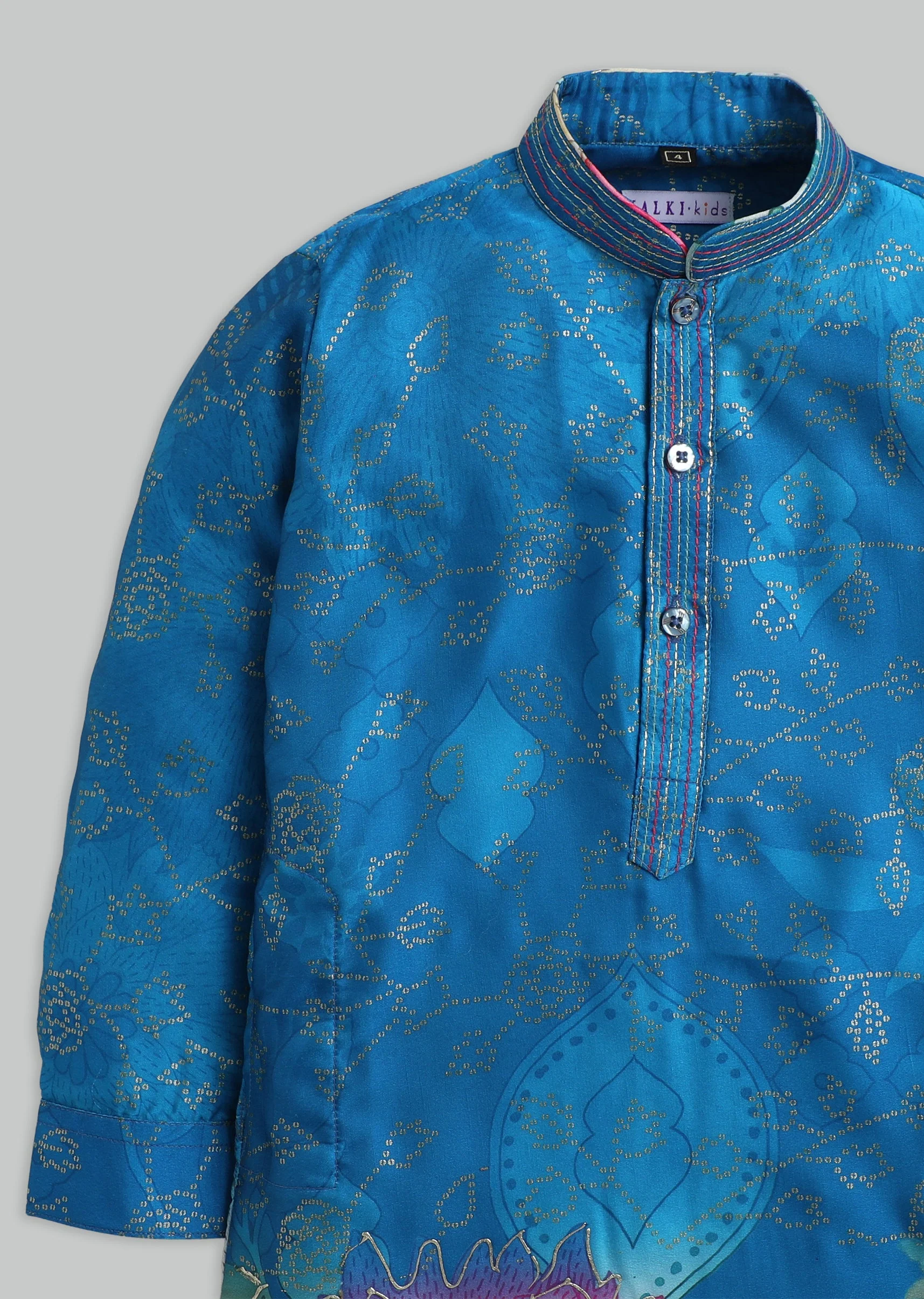 Blue Floral Printed Kurta Set For Boys - Image 5
