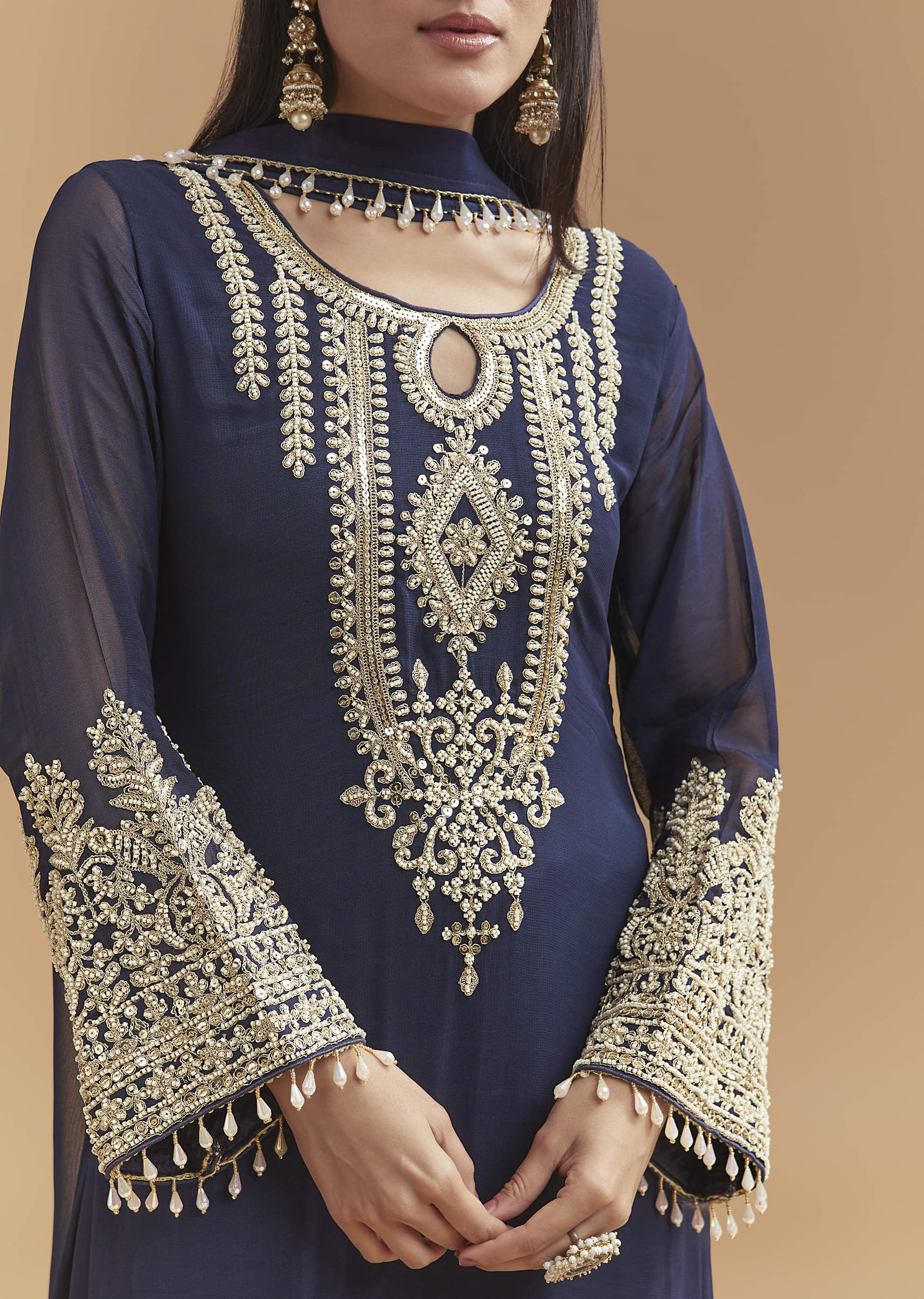 Blue Georgette Kurta Set With Moti And Sequins Work - Image 2