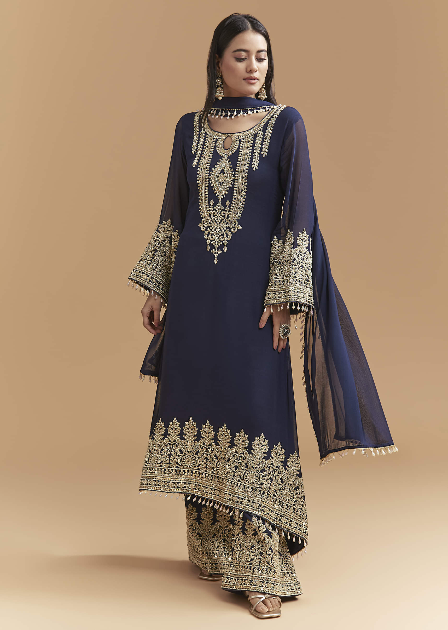 Blue Georgette Kurta Set With Moti And Sequins Work - Image 3