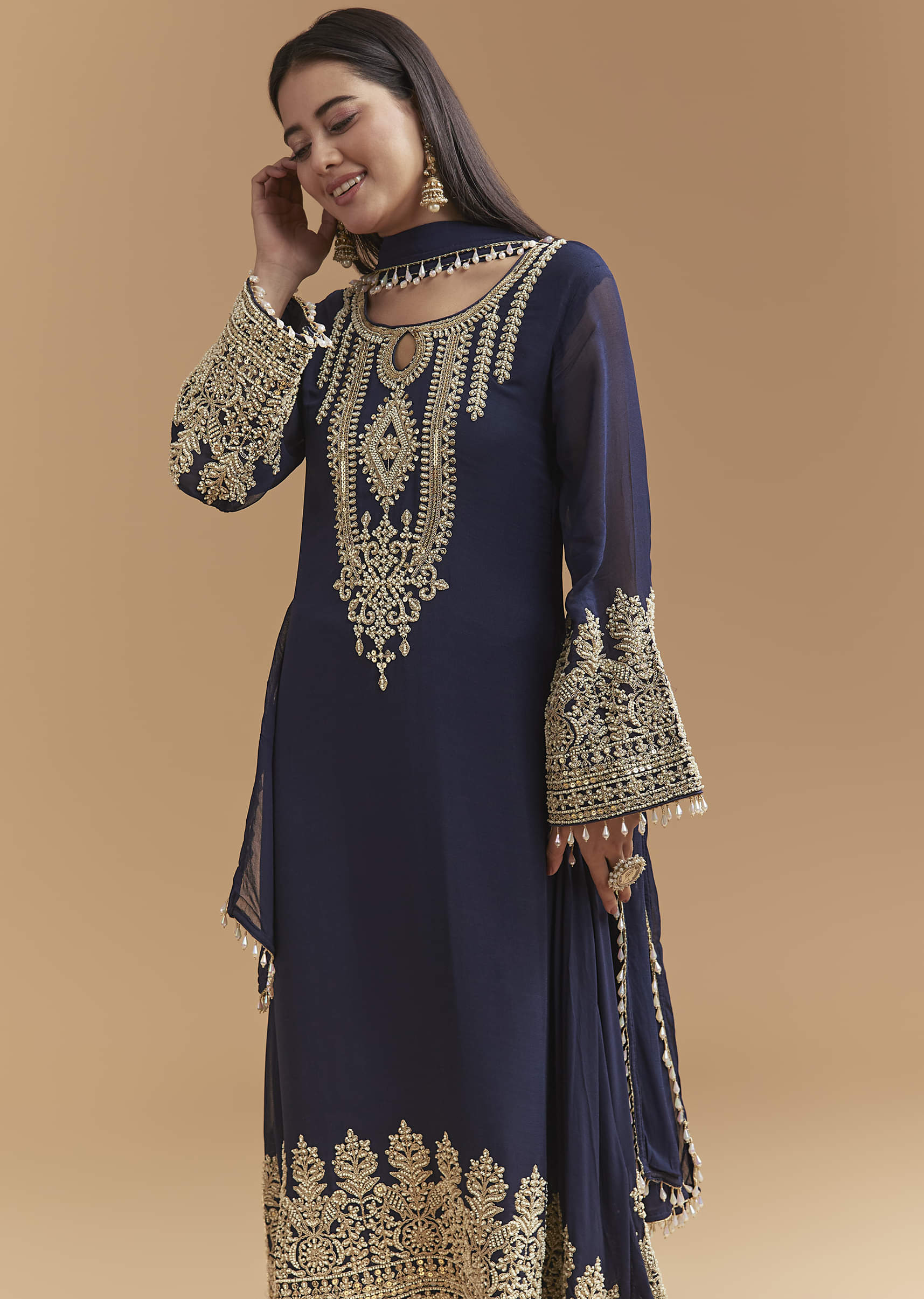 Blue Georgette Kurta Set With Moti And Sequins Work - Image 4