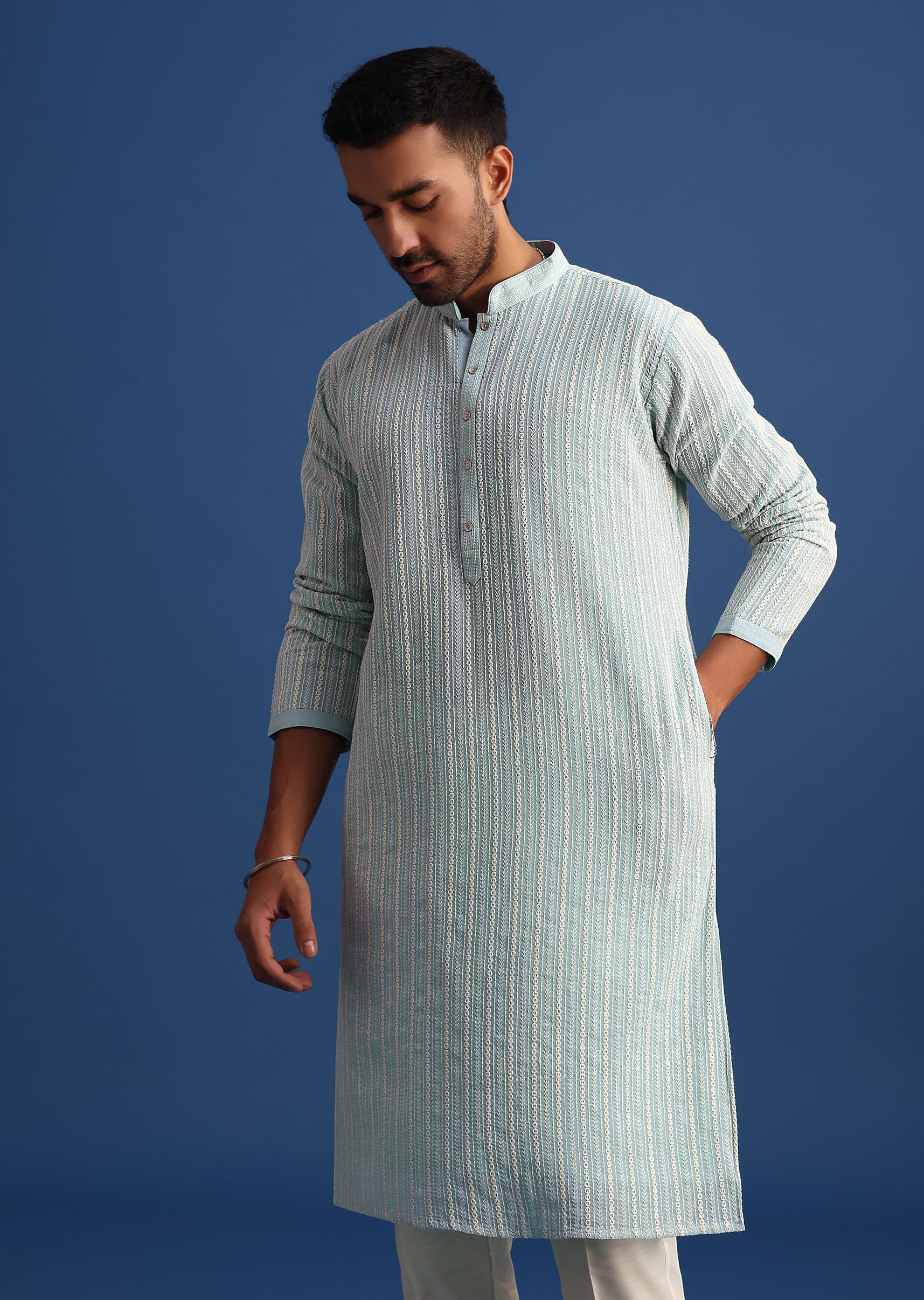 Blue Georgette Kurta Set With Resham Work - Image 3
