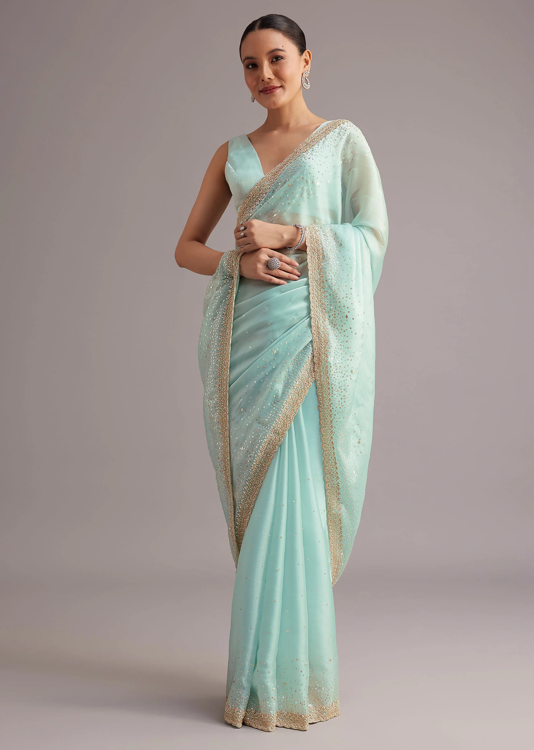 Blue Glass Tissue Saree With Cutdana Sequin And Beaded Embroidery - Image 3