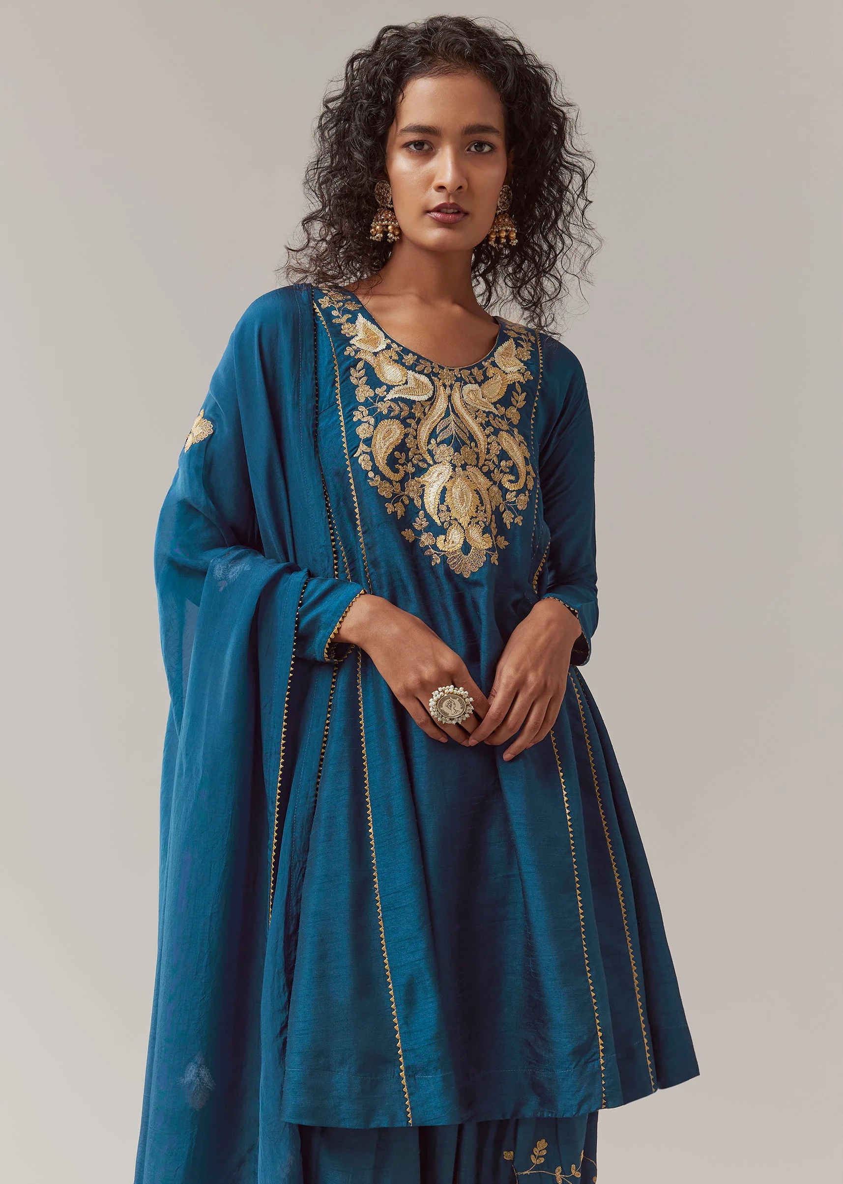 Blue Gota Work Silk Anarkali Set - Image 4