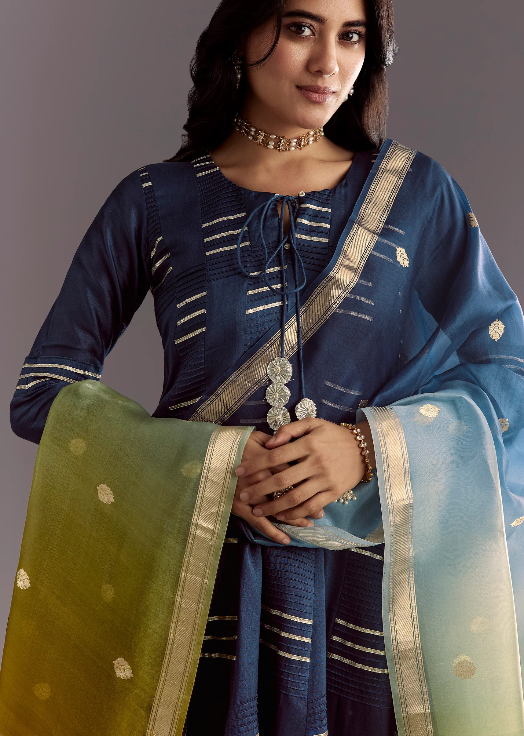 Blue Gotta Work Anarkali Suit With Ombre Organza Dupatta - Image 2