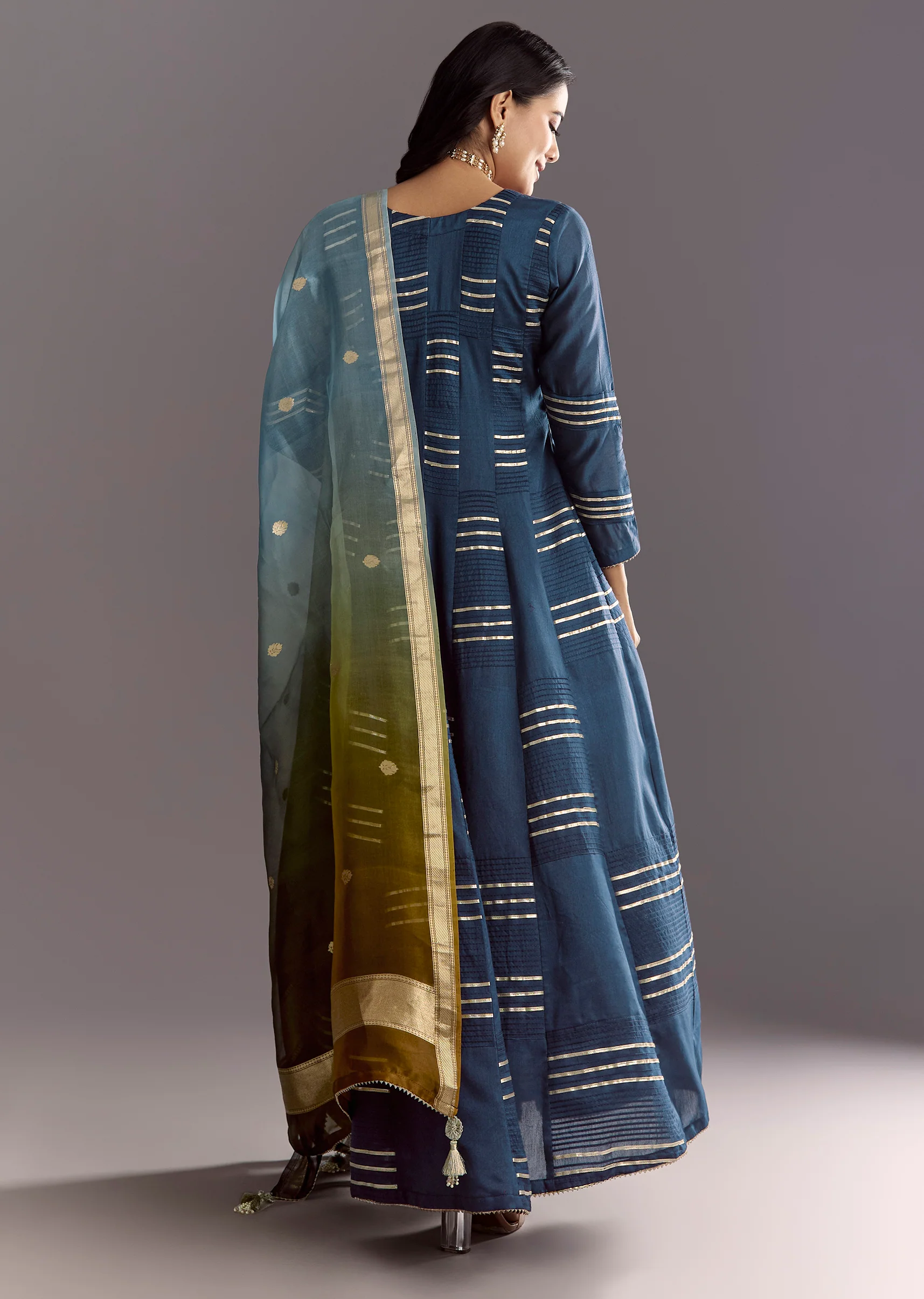 Blue Gotta Work Anarkali Suit With Ombre Organza Dupatta - Image 5