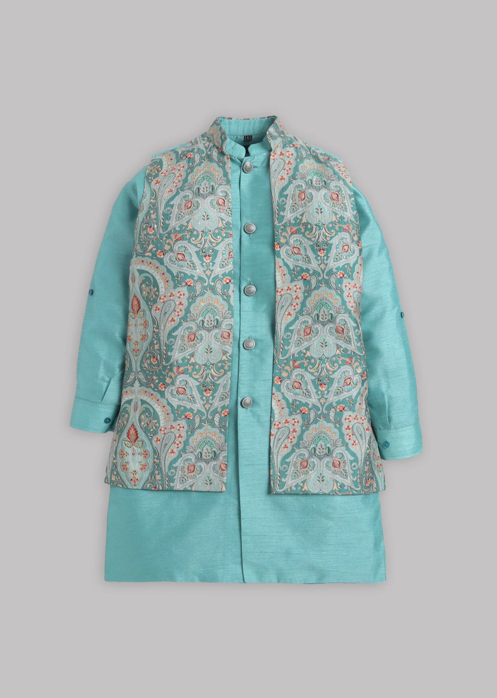 Blue Grey Floral Nehru Jacket Set - Image 2