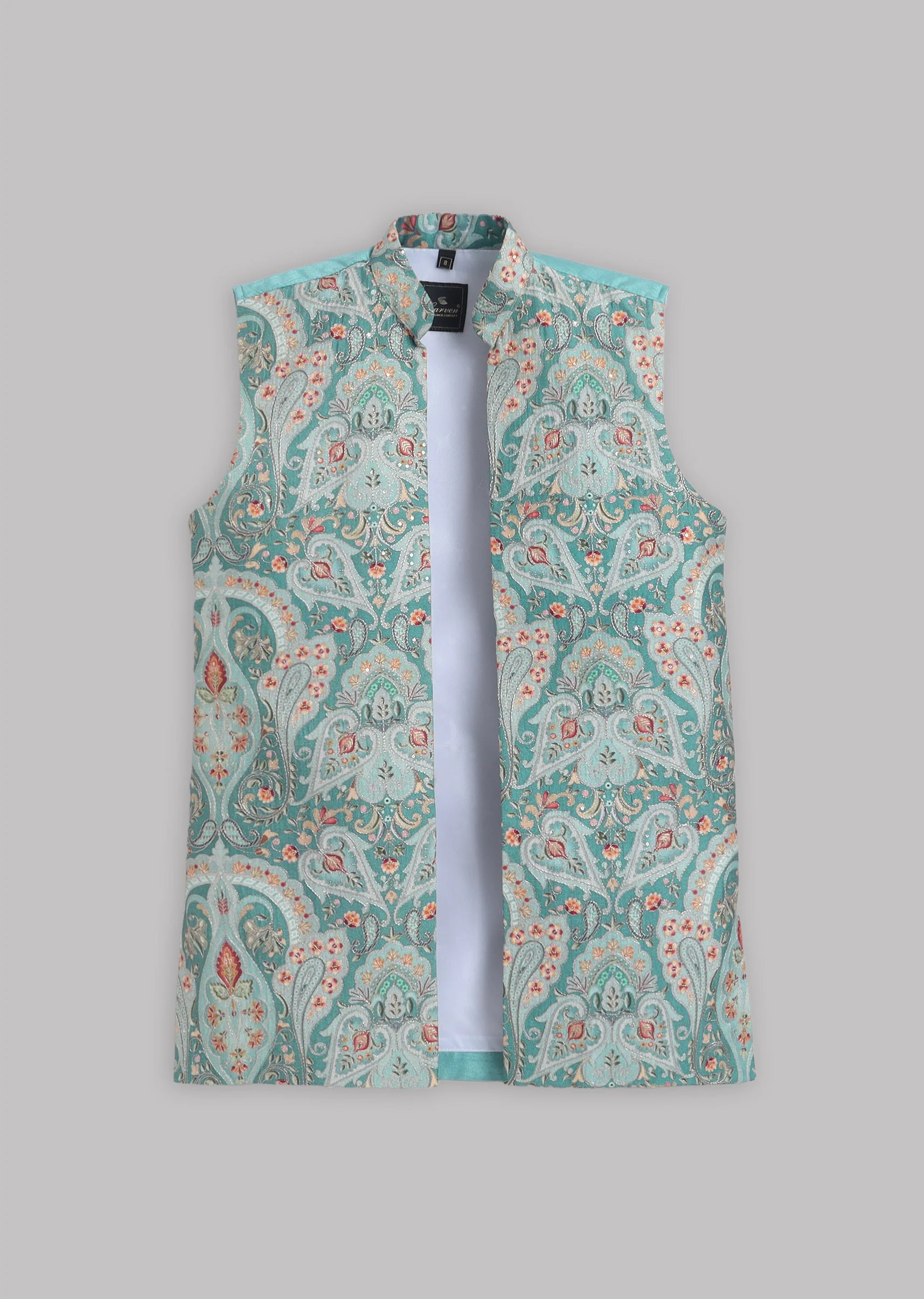 Blue Grey Floral Nehru Jacket Set - Image 6