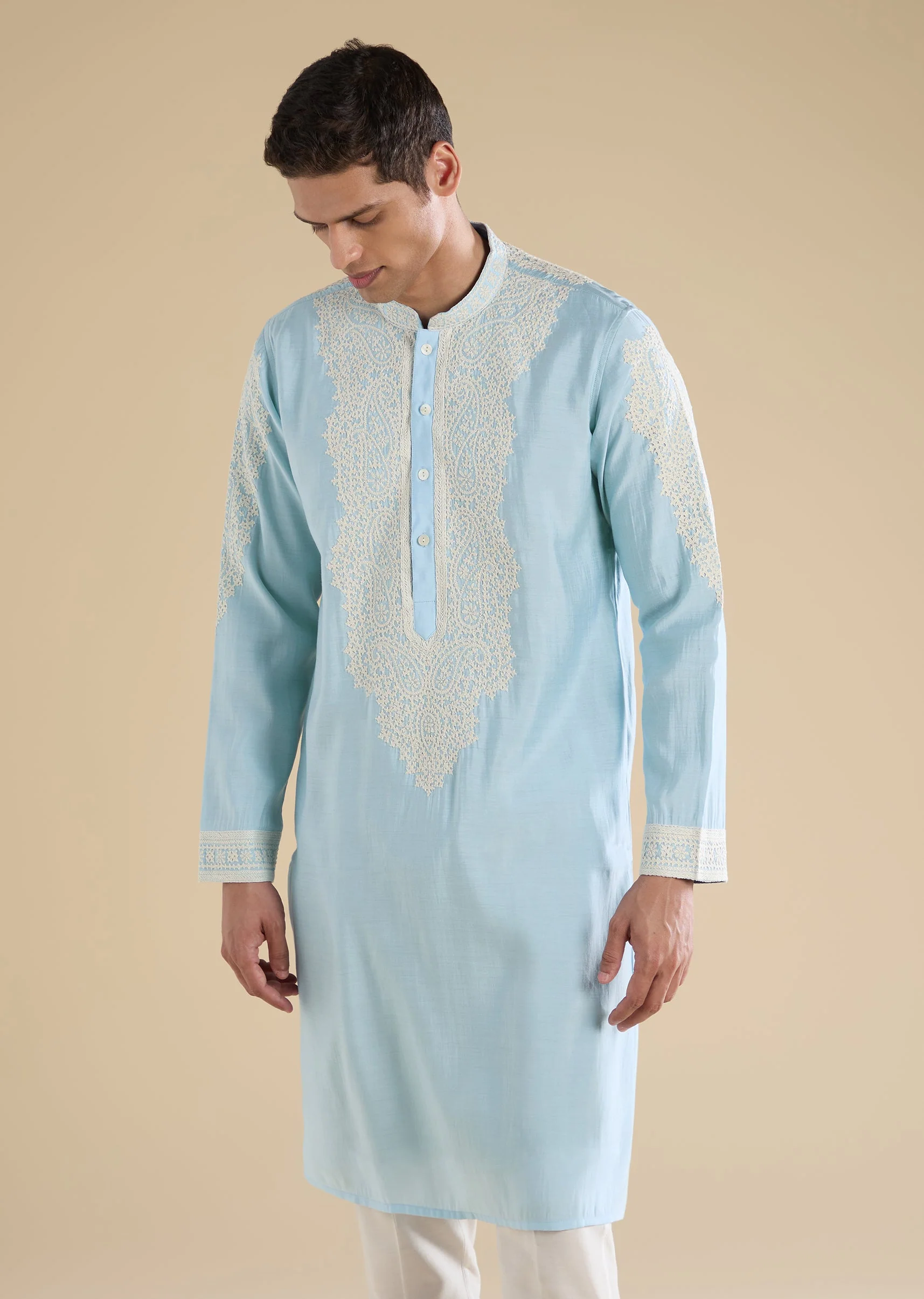 Blue Gujarati Handwork Chanderi Kurta Set - Image 3