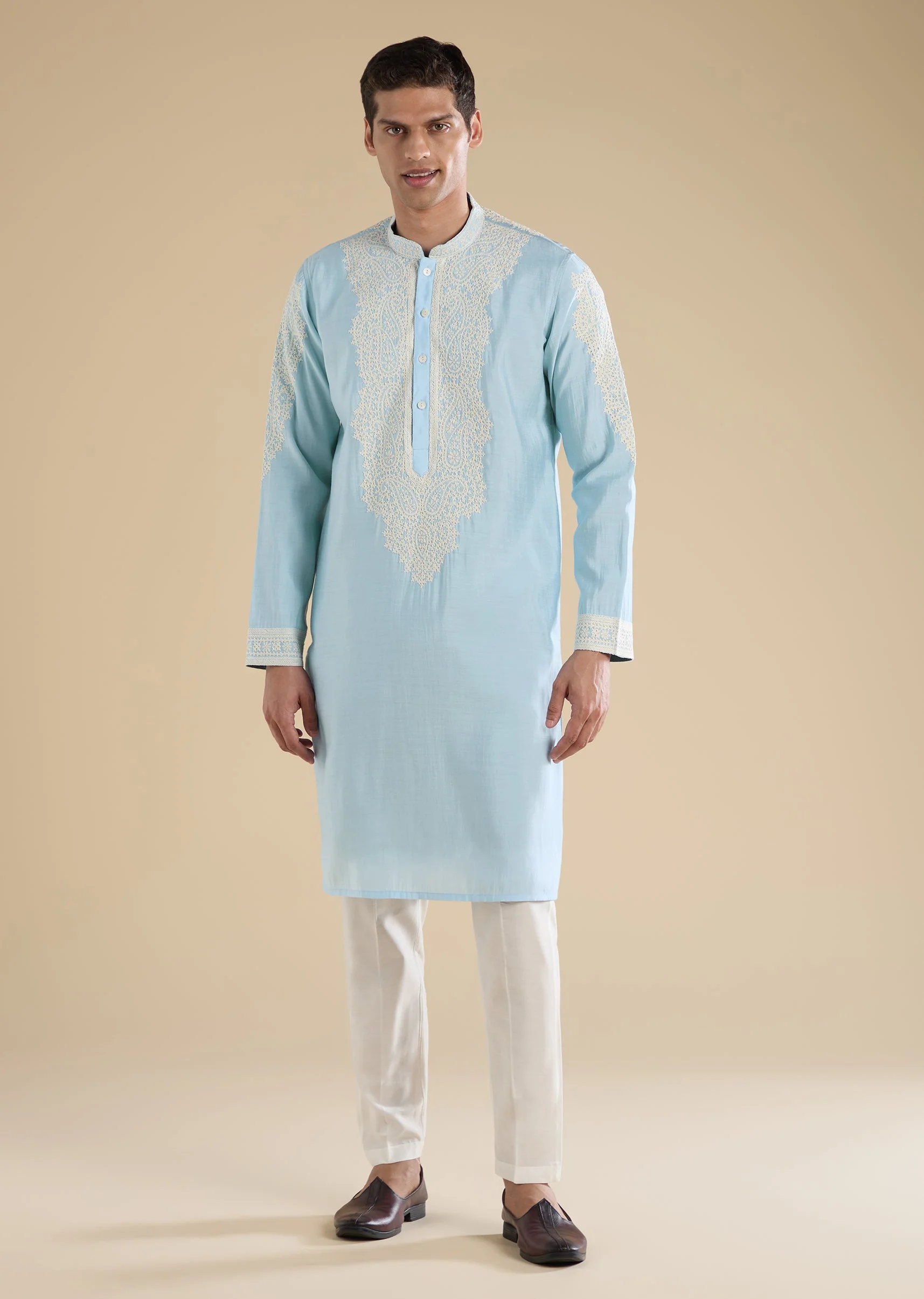 Blue Gujarati Handwork Chanderi Kurta Set - Image 4