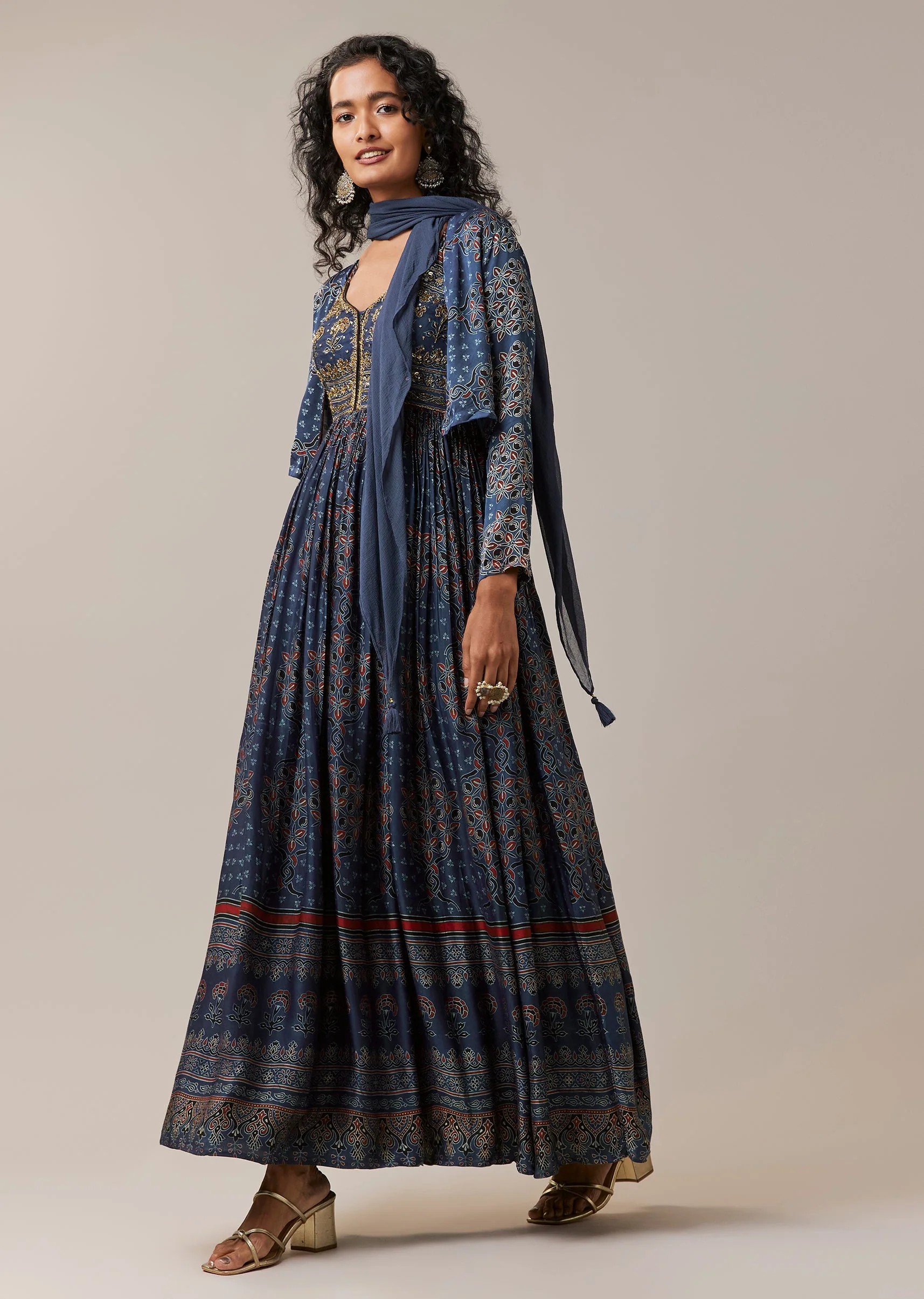Blue Hand Dyed Ajrakh Jacket and Gown Set - Image 3