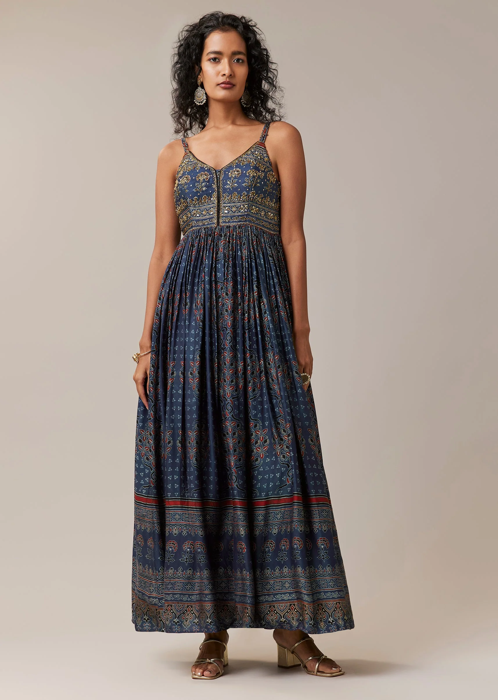 Blue Hand Dyed Ajrakh Jacket and Gown Set - Image 6
