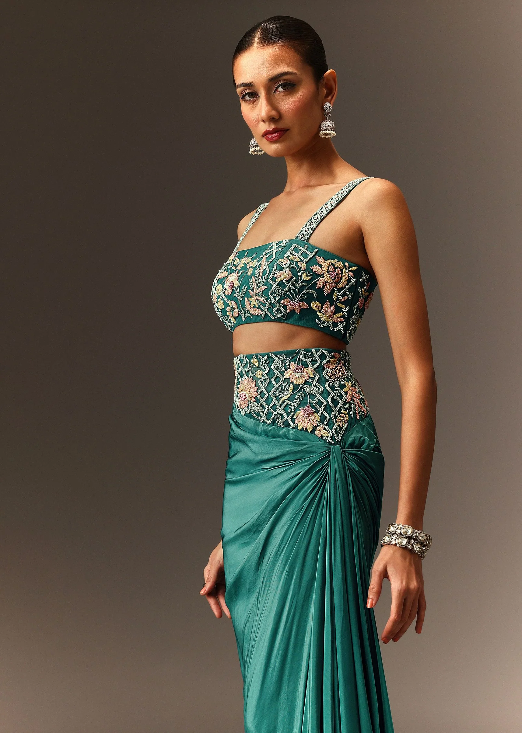Blue Hand Embroidered Blouse And Drape Skirt With Cape - Image 4