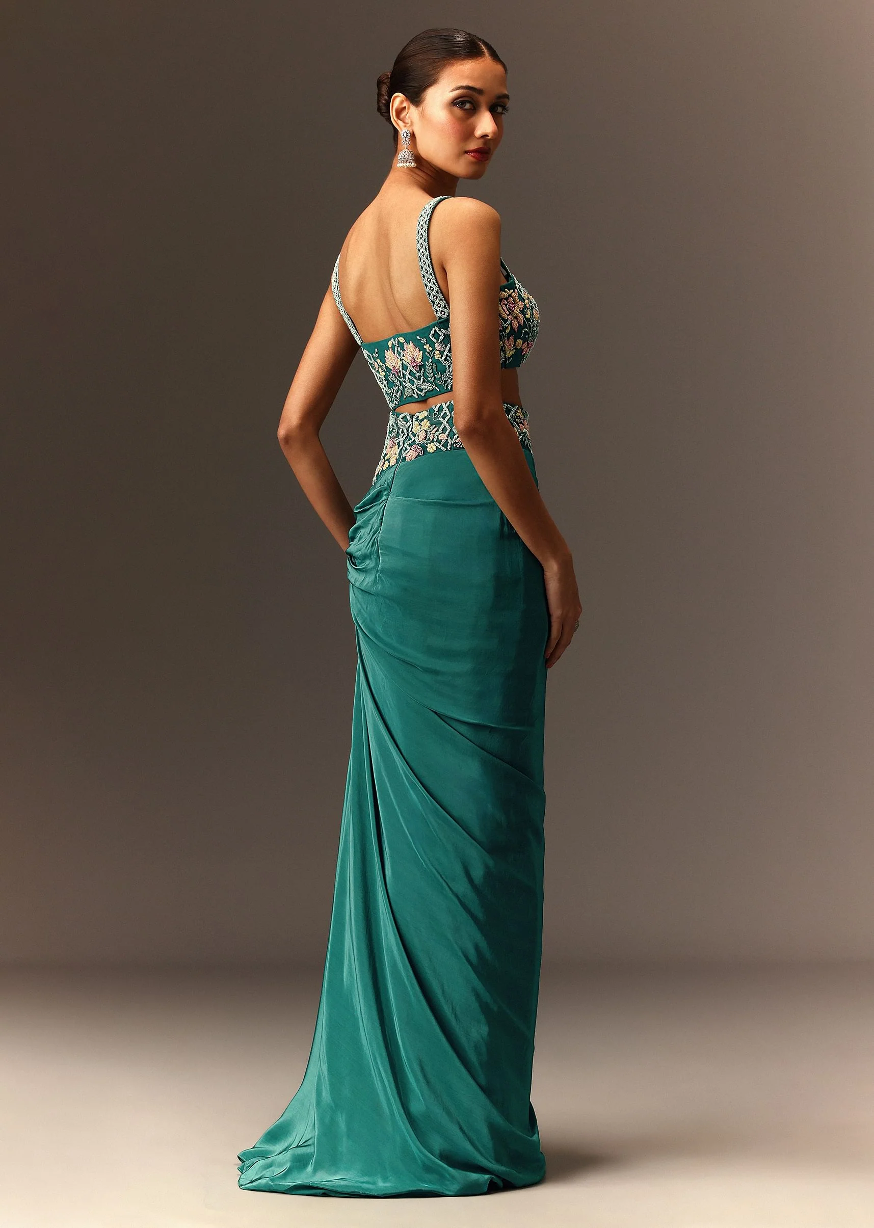 Blue Hand Embroidered Blouse And Drape Skirt With Cape - Image 5