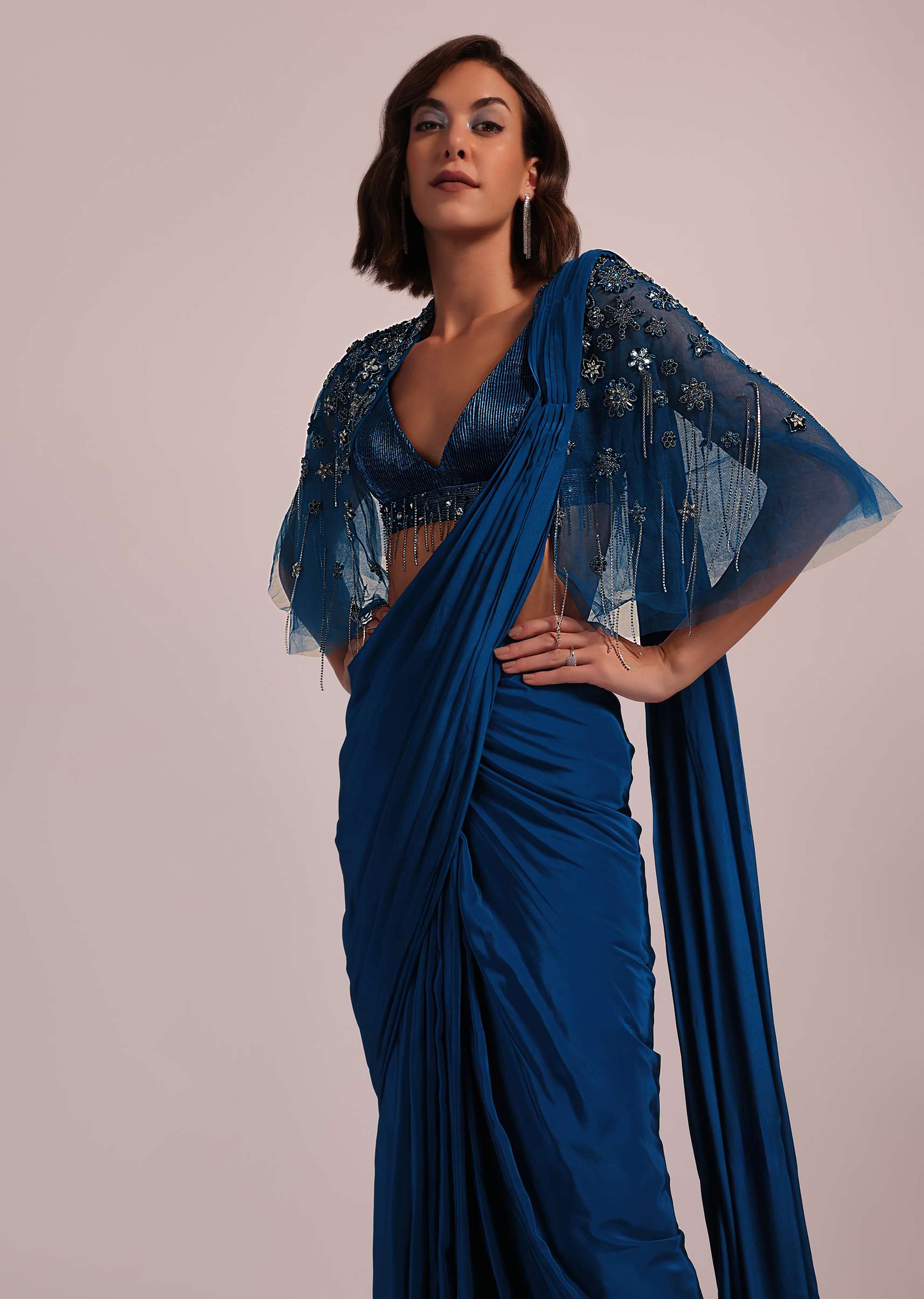 Blue Hand Embroidered Ready Pleated Saree And Blouse In Crepe - Image 2