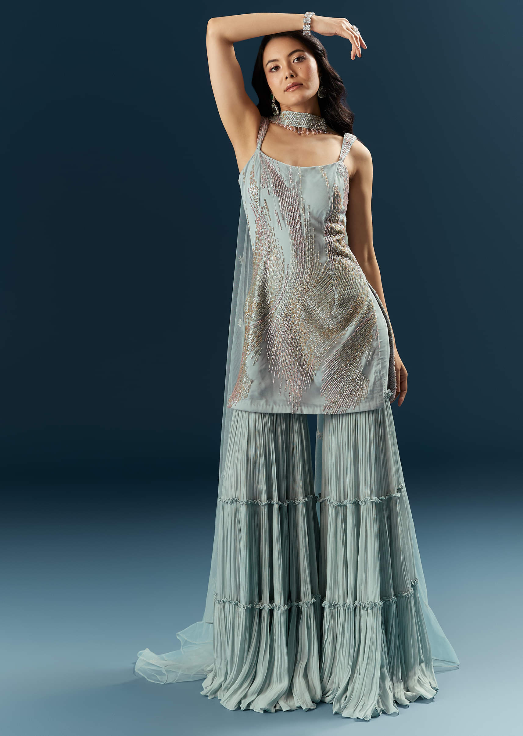 Blue Imported Net Sharara Suit With Cutdana Embroidery - Image 4