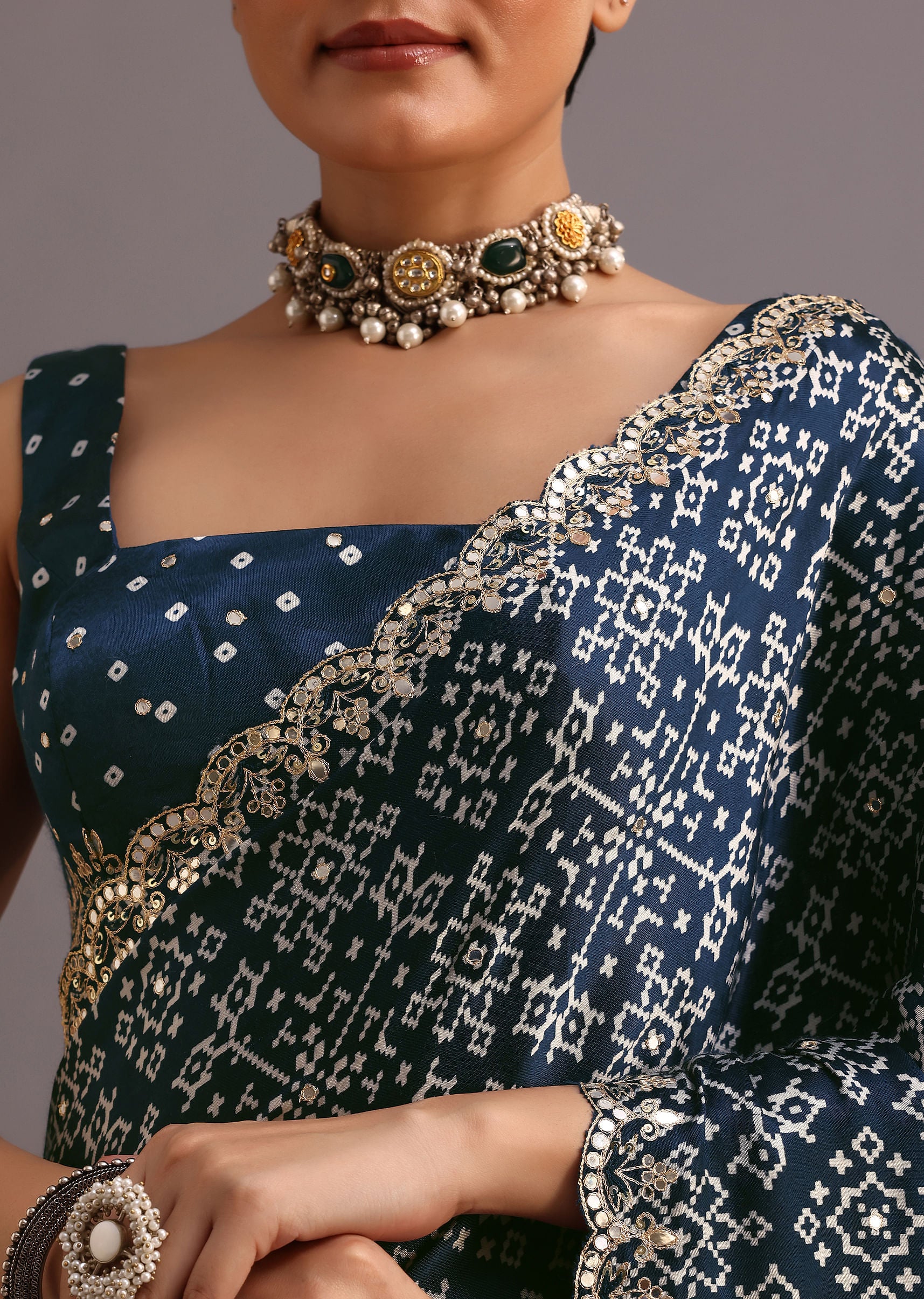 Blue Indigo Mirror And Ajrakh Print Embroidered Saree - Image 2
