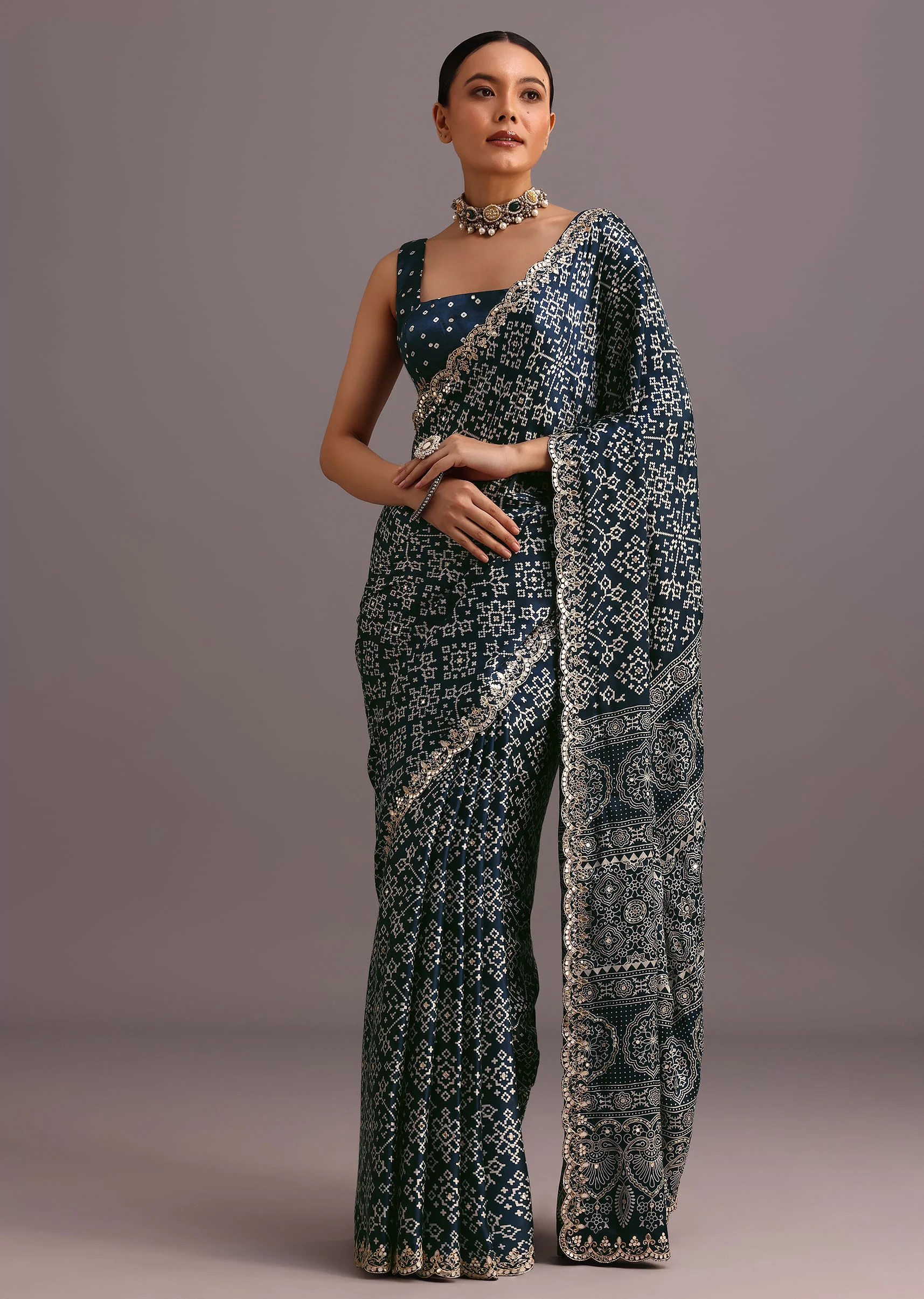 Blue Indigo Mirror And Ajrakh Print Embroidered Saree - Image 3