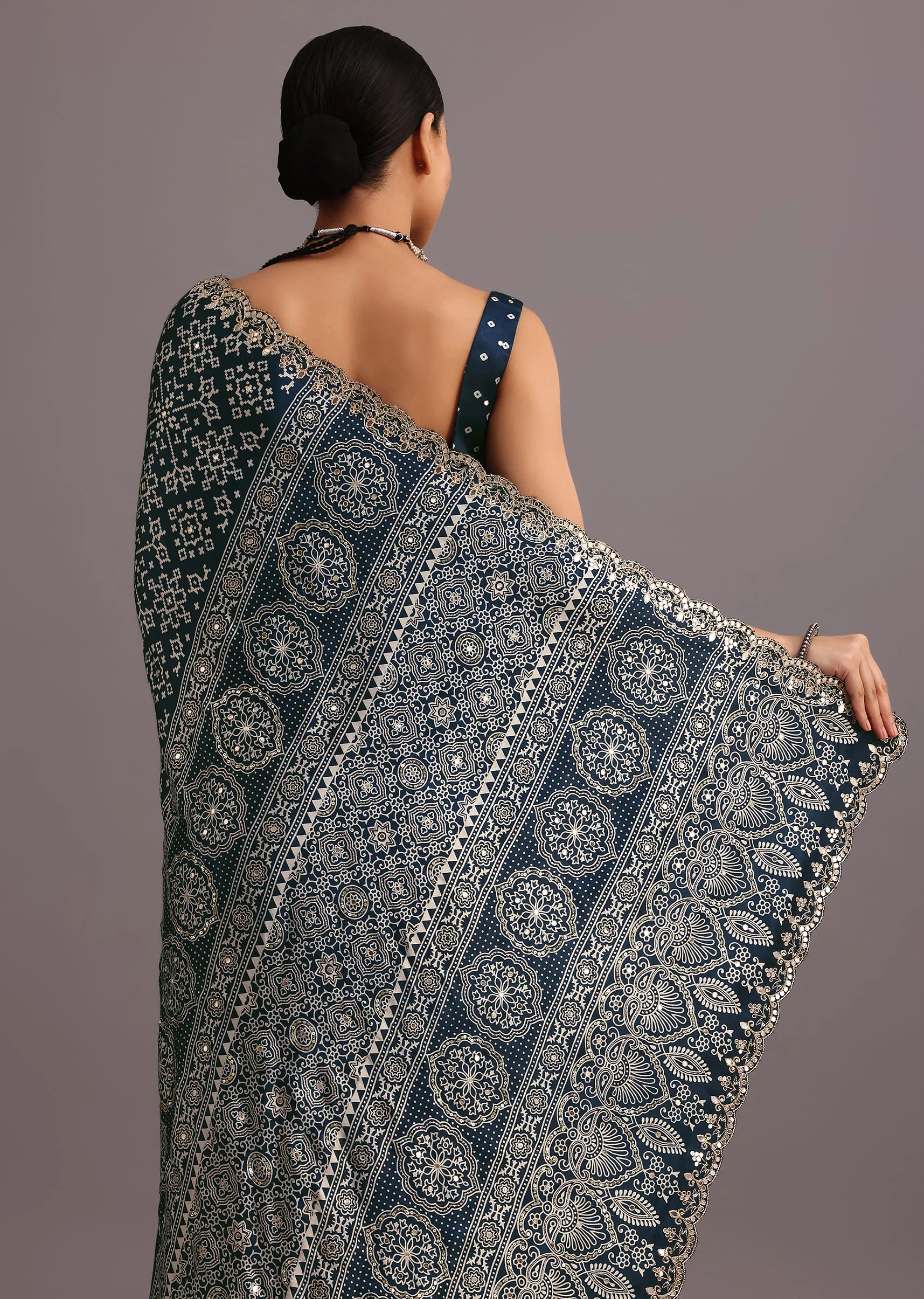 Blue Indigo Mirror And Ajrakh Print Embroidered Saree - Image 4