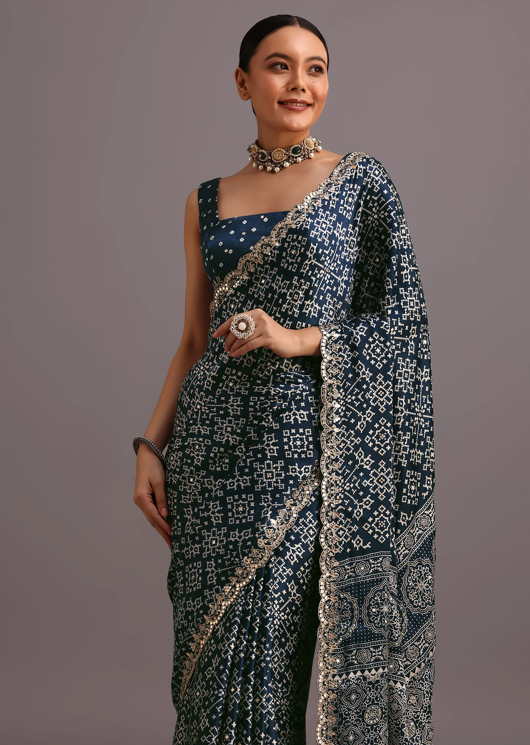 Blue Indigo Mirror And Ajrakh Print Embroidered Saree - Image 5