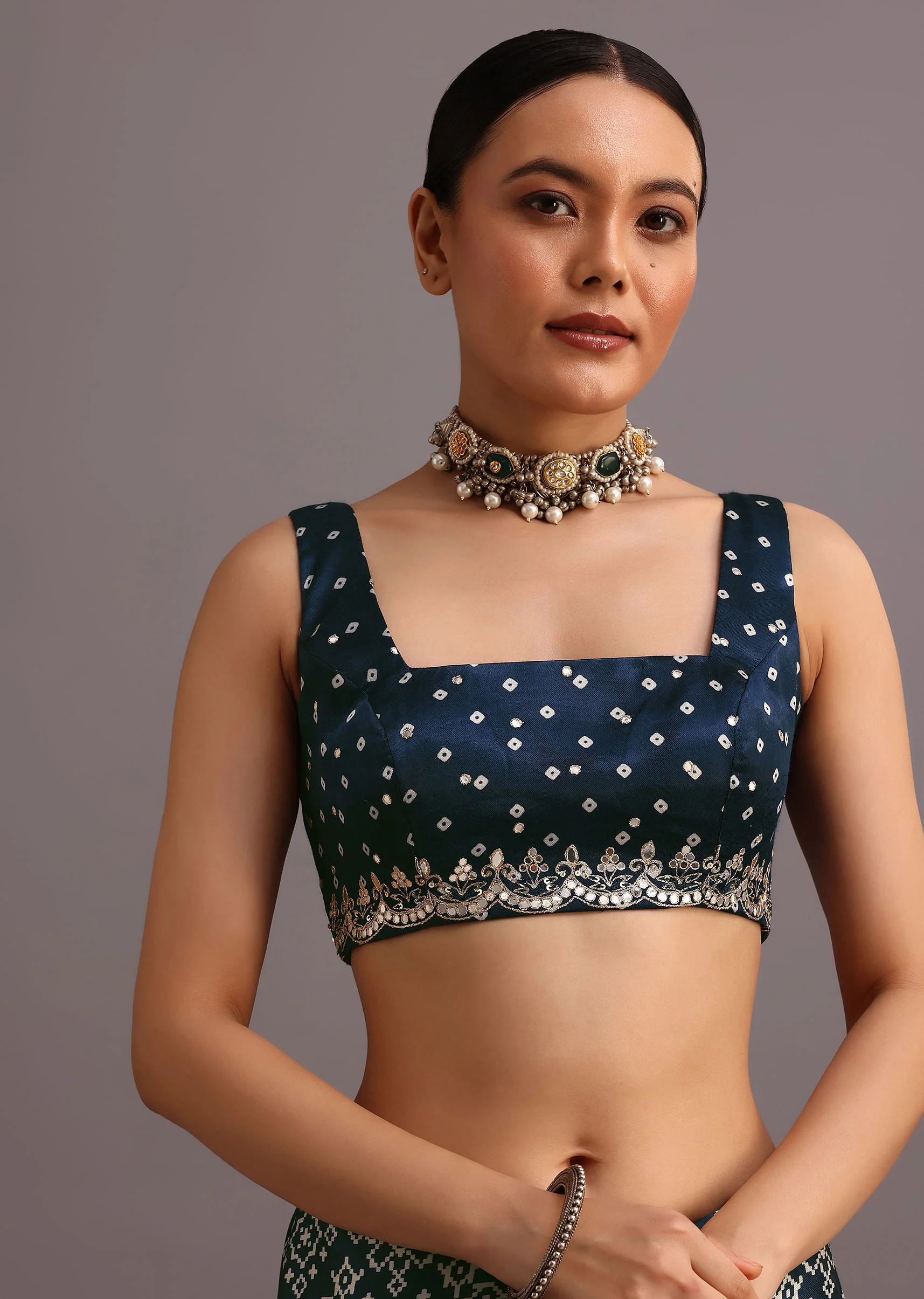 Blue Indigo Mirror And Ajrakh Print Embroidered Saree - Image 7