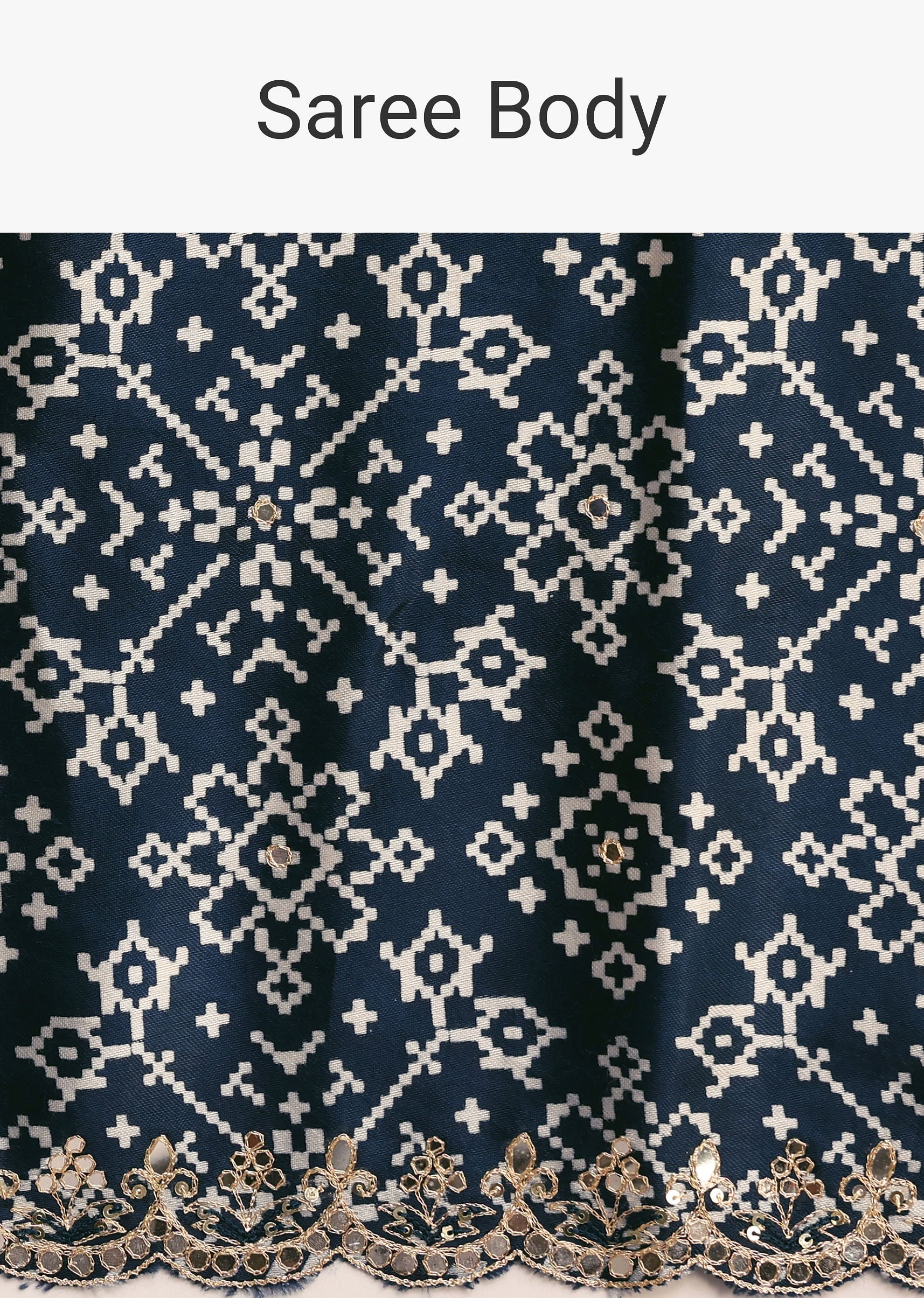 Blue Indigo Mirror And Ajrakh Print Embroidered Saree - Image 9