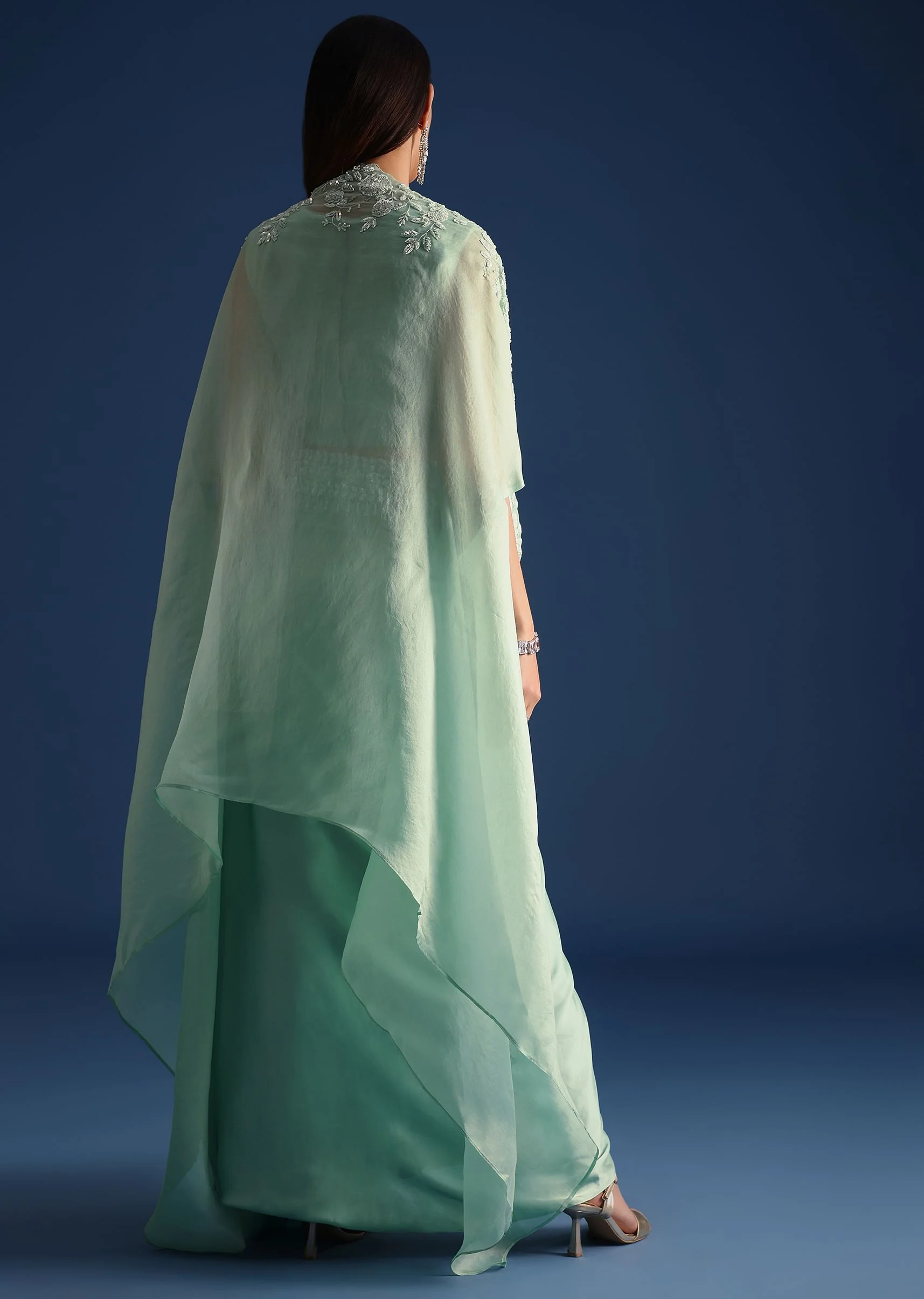 Blue Jacket With Draped Satin Skirt And Crop Top - Image 6