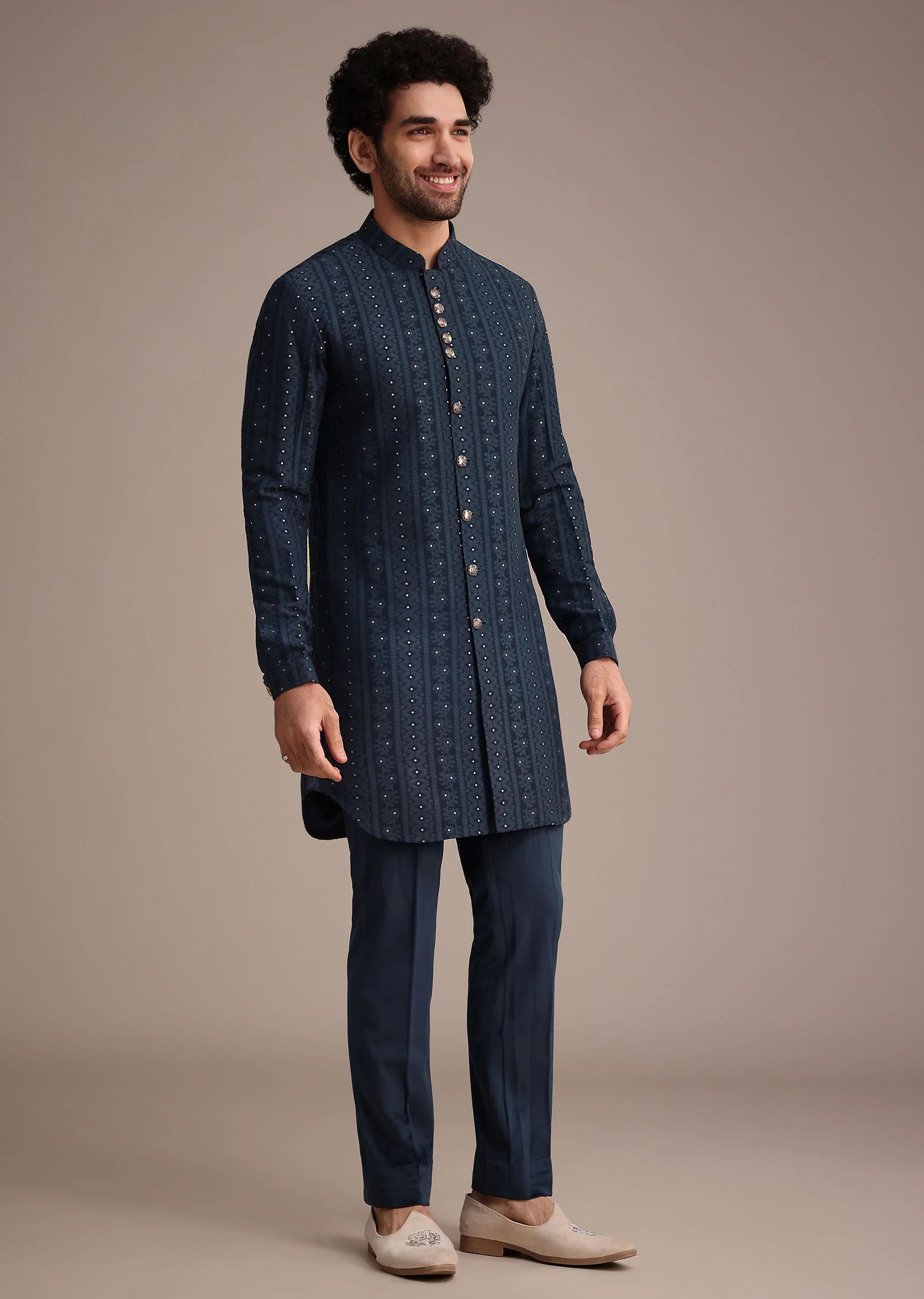 Blue Jacquard Kurta Jacket Set With Broach - Image 6