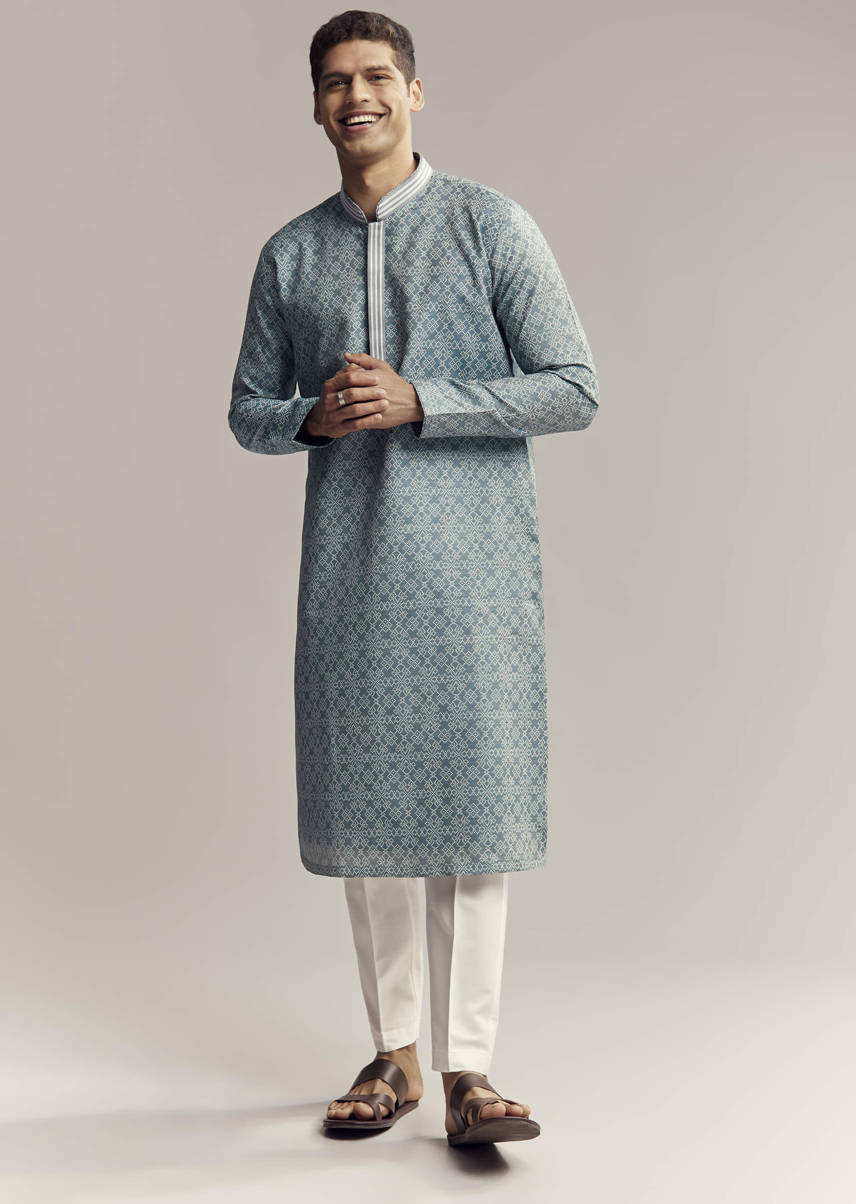 Blue Jacquard Kurta Set For Men - Image 3