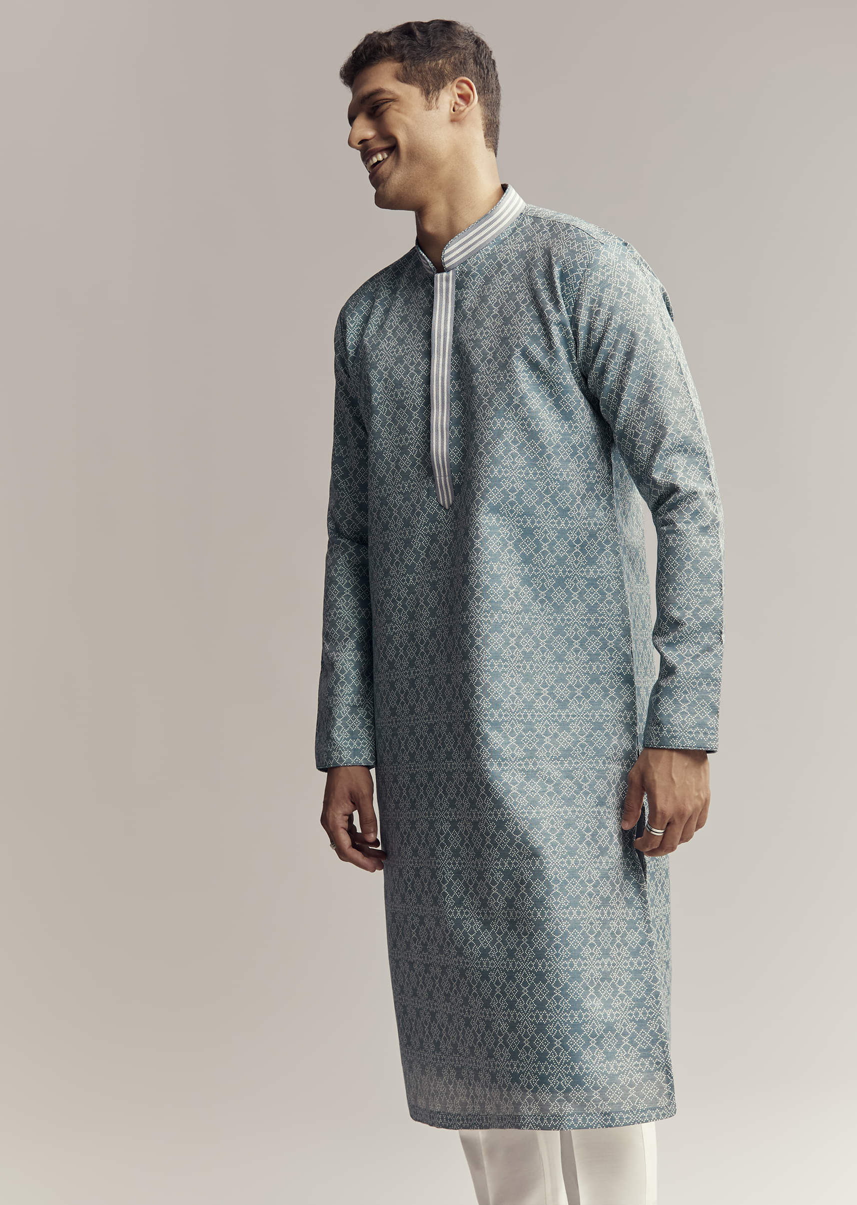 Blue Jacquard Kurta Set For Men - Image 4