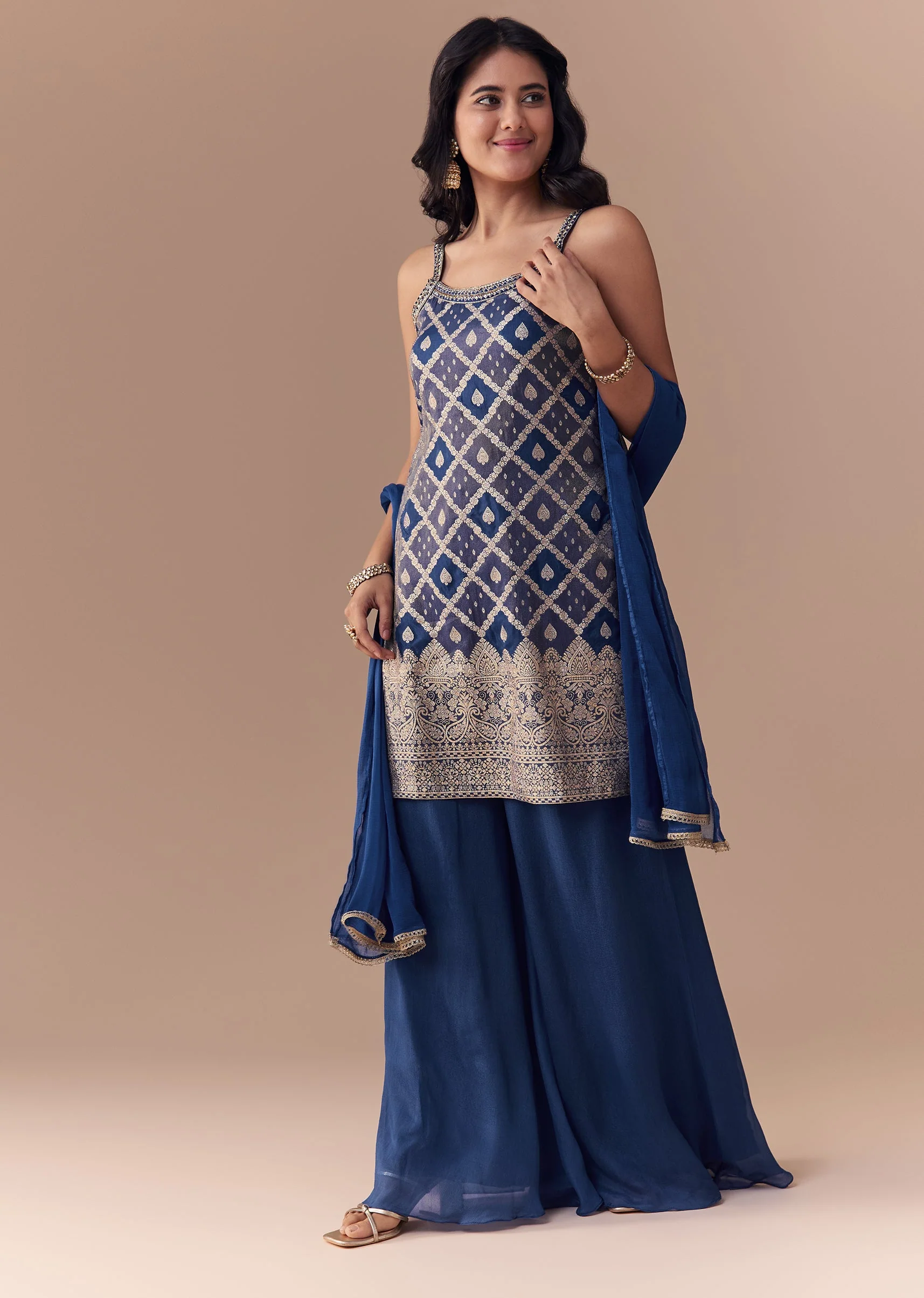 Blue Jacquard Woven Kurta Palazzo and Dupatta Set - Image 3