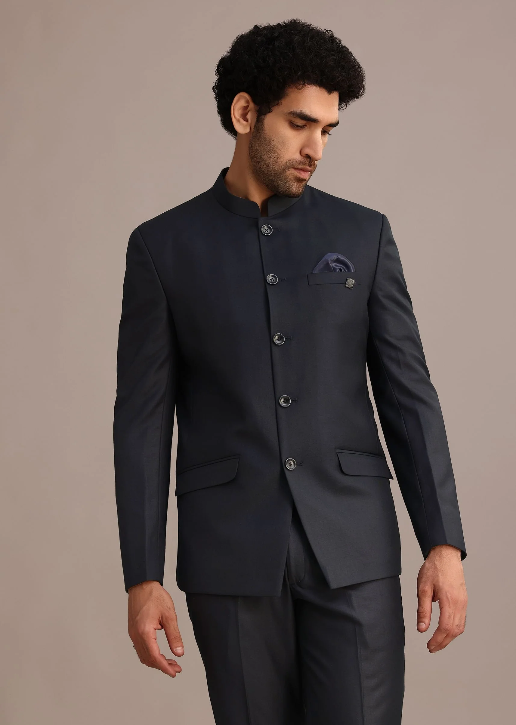 Blue Jodhpuri And Pant Set With Pocket Square - Image 4