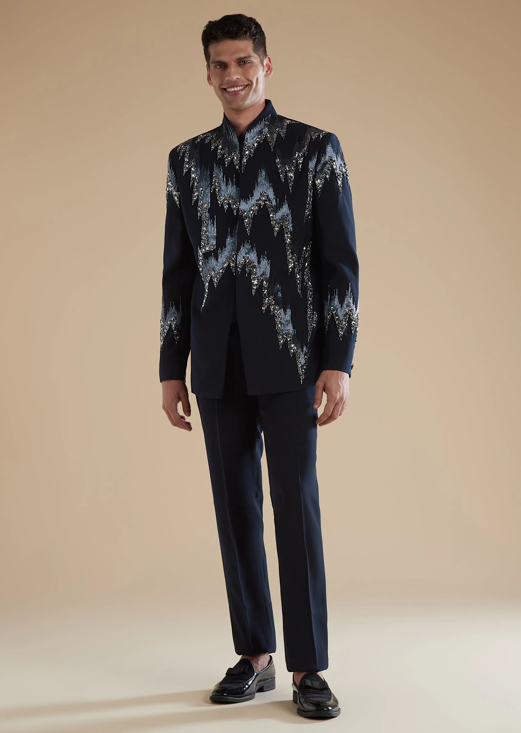 Blue Jodhpuri Set With Cut Dana Metal Detail Work - Image 3