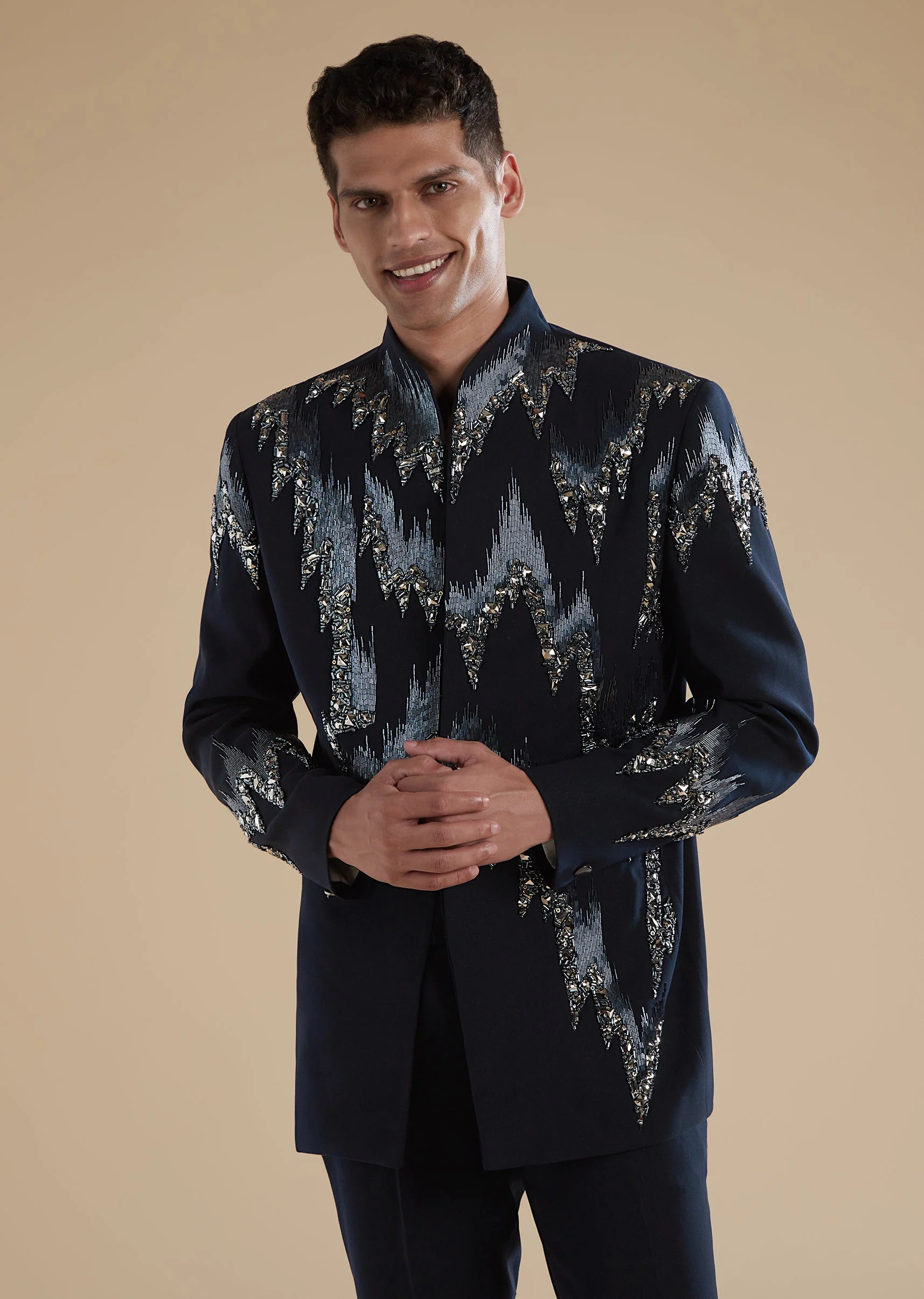 Blue Jodhpuri Set With Cut Dana Metal Detail Work - Image 4