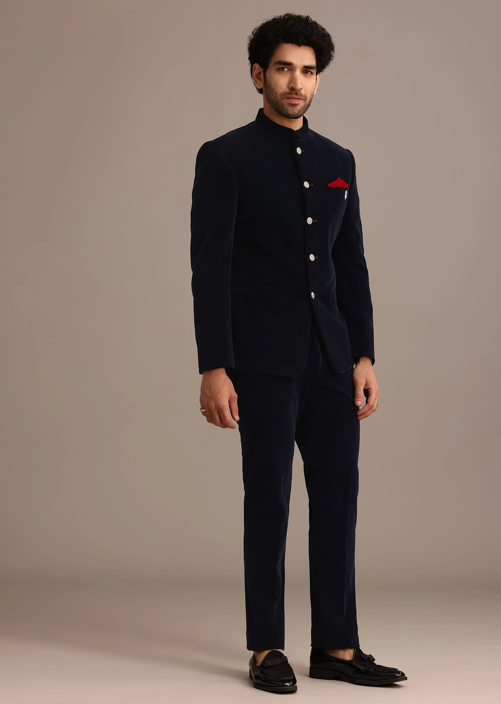 Blue Jodhpuri Suit In Velvet With Pocket Square - Image 3