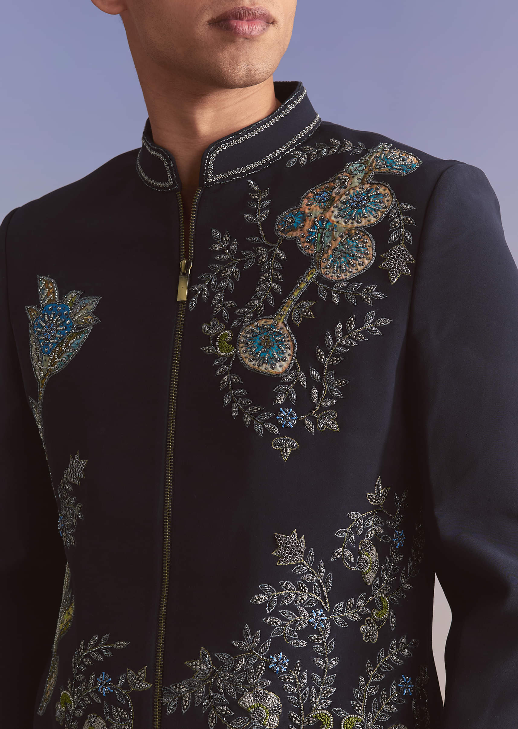 Blue Kurta Jacket Set For Men With Sequins And Moti Work - Image 2