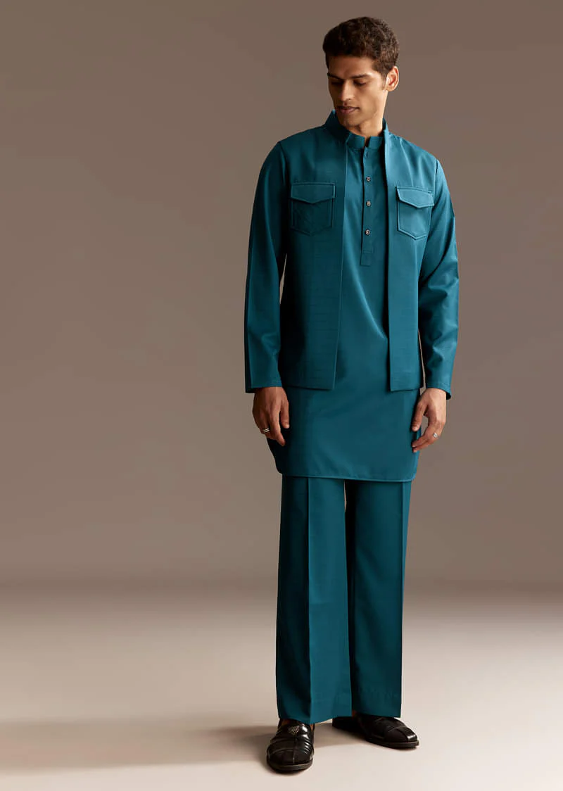 Blue Kurta Jacket Set With Palazzo Pants - Image 2