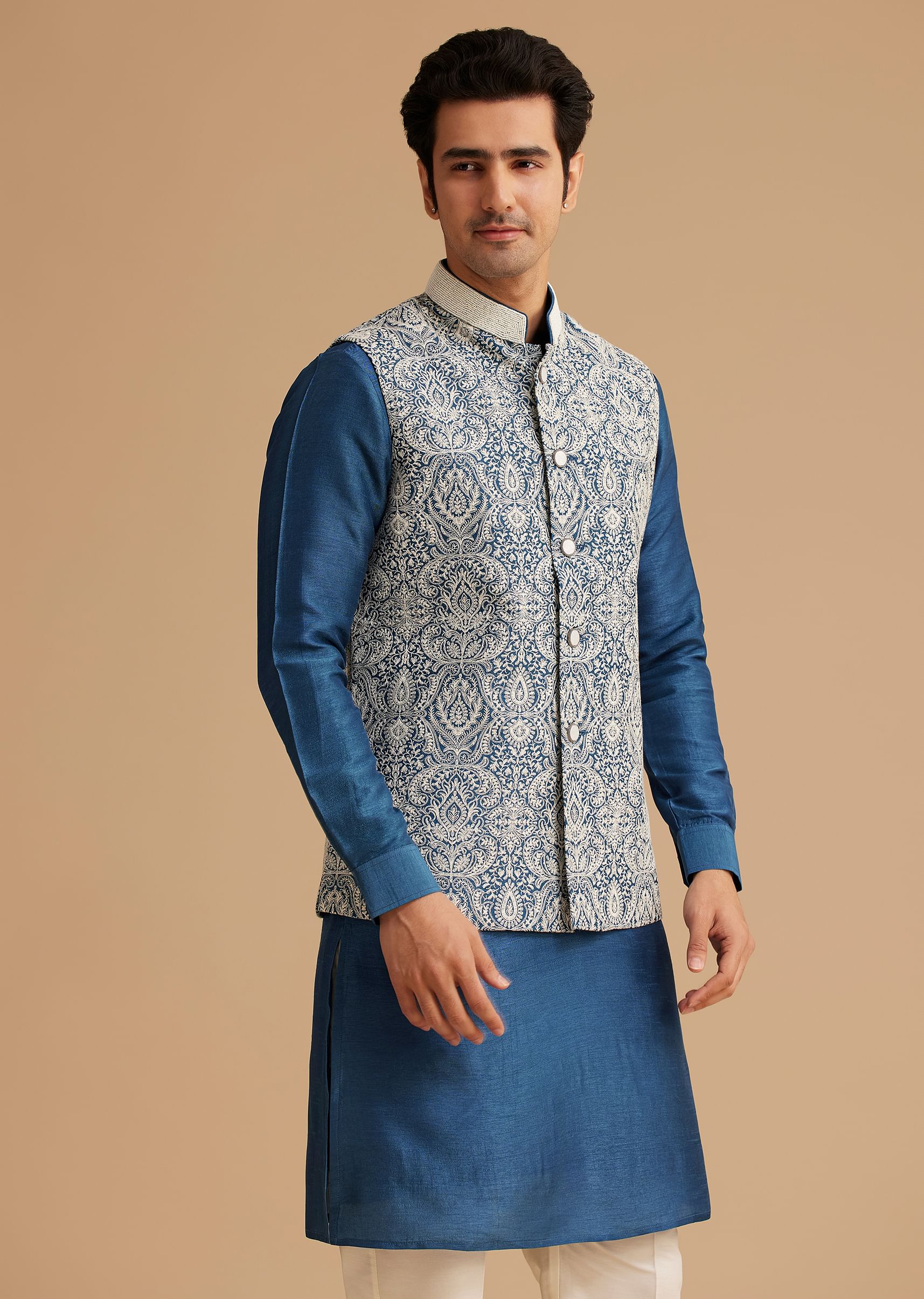 Blue Kurta Jacket Set With Resham Embroidery And Handworked Collar - Image 3