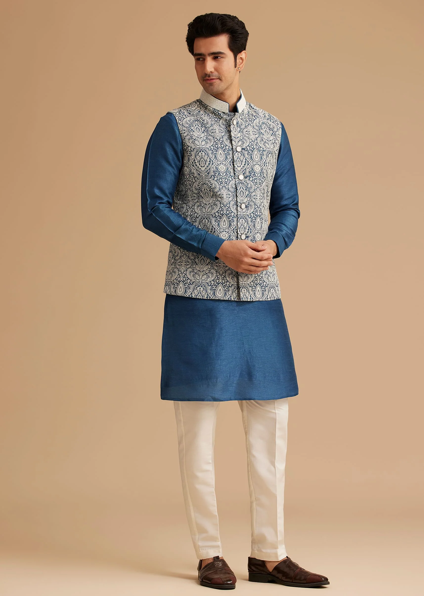 Blue Kurta Jacket Set With Resham Embroidery And Handworked Collar - Image 4
