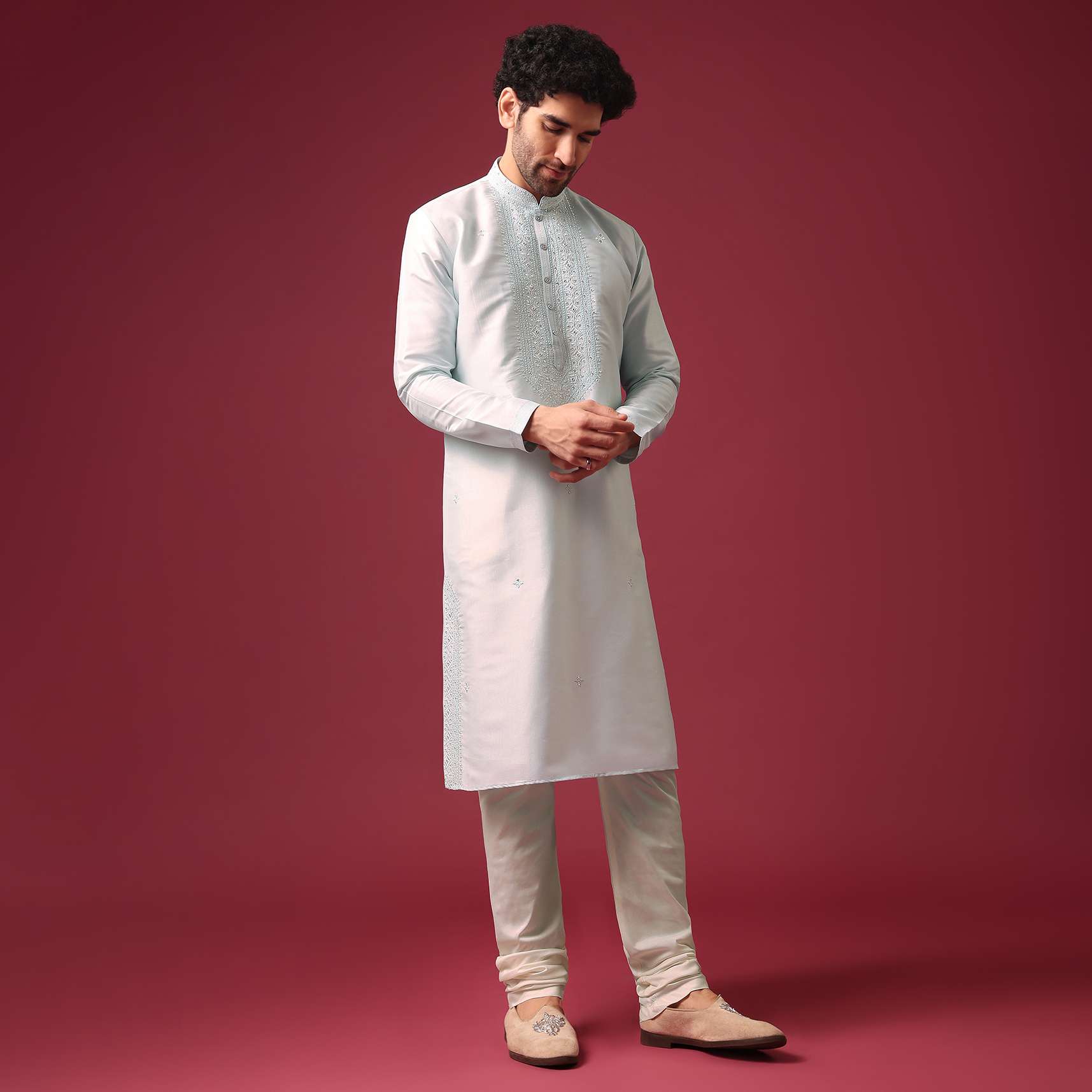 Blue Kurta Set In Silk With Mirror Work - Image 3