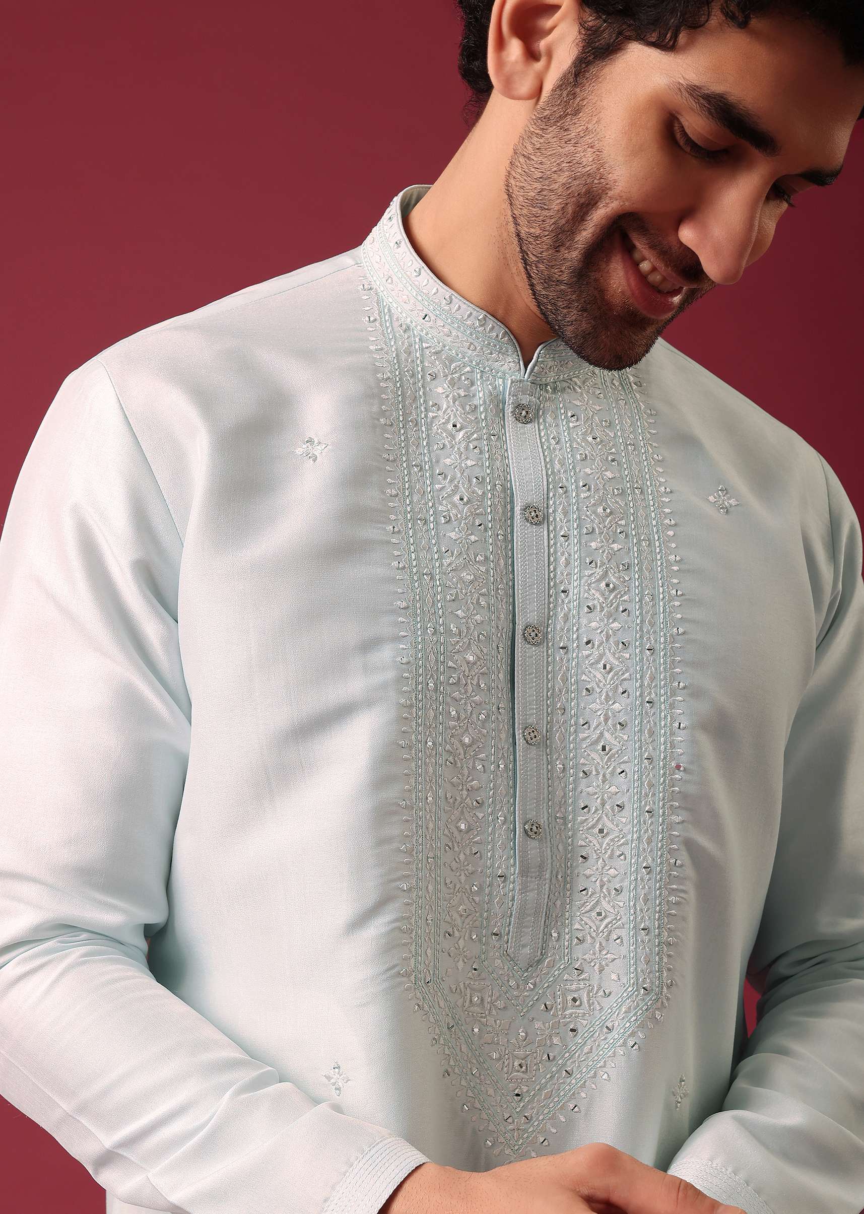 Blue Kurta Set In Silk With Mirror Work - Image 4